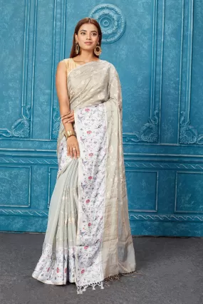 91A273 Grey Organza Tissue Silk Saree with Printed Mashru Borderv