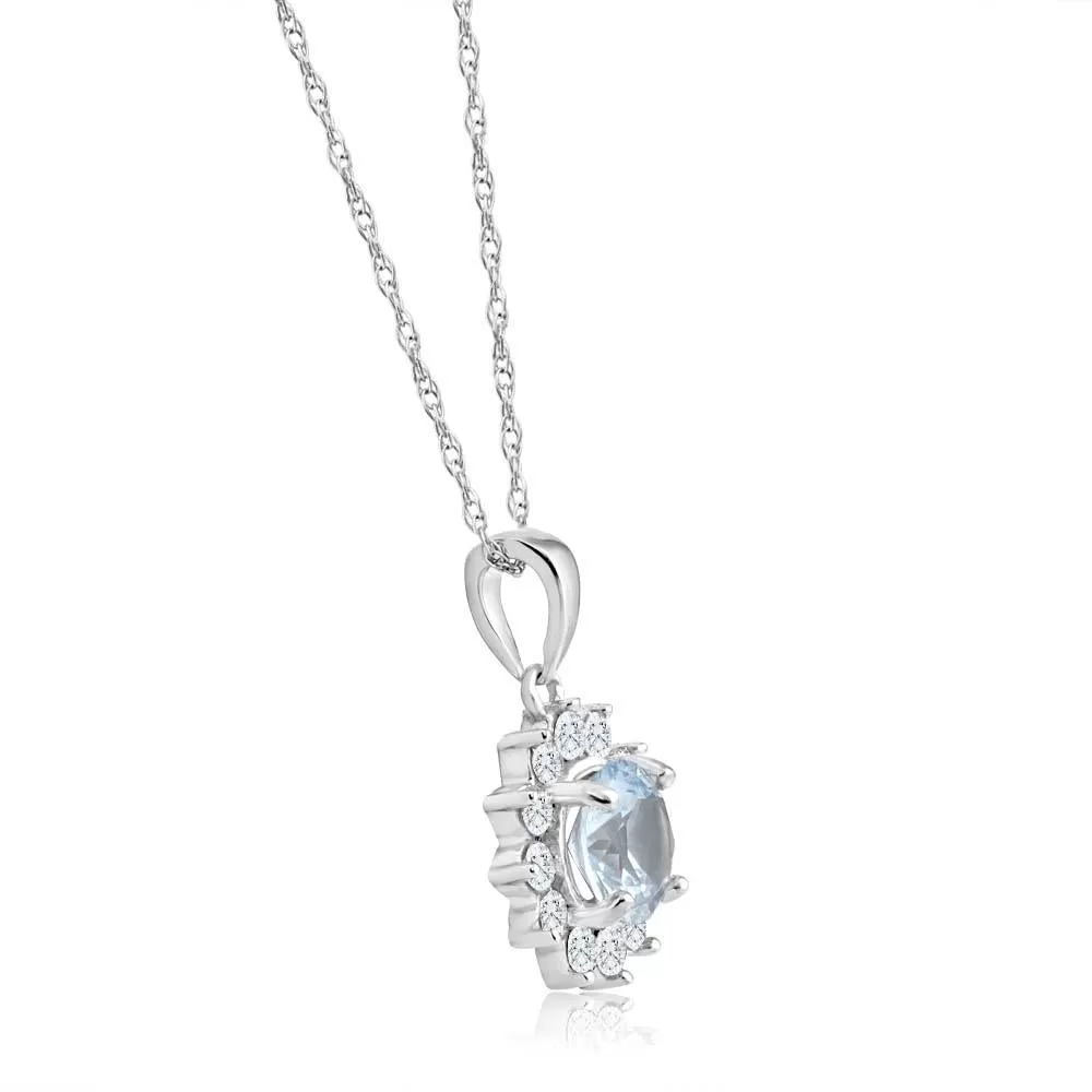 1 1/2Ct Aquamarine & Diamond Halo Pendant 10k White Gold Women's Necklace