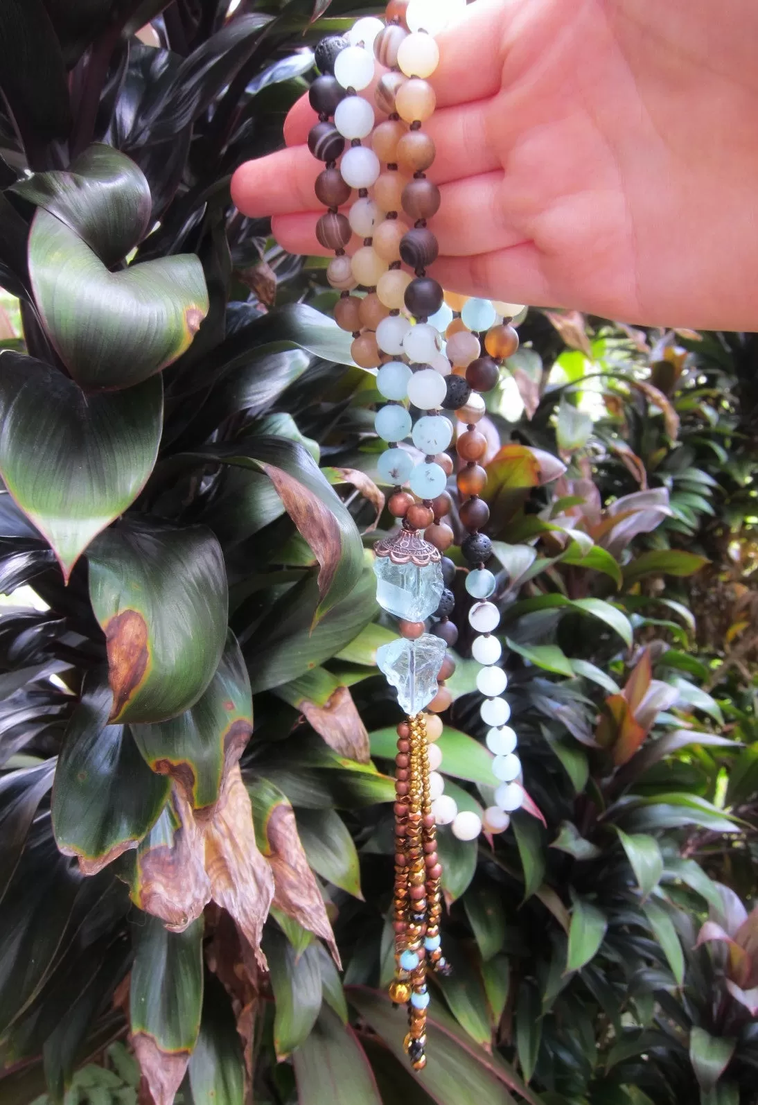 108 Beaded Mala in Matte Amazonite, Brown Line Agate, Blue Quartz Tassel Necklace