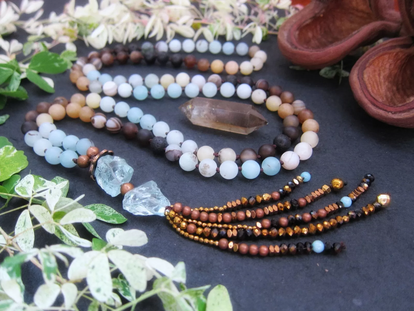 108 Beaded Mala in Matte Amazonite, Brown Line Agate, Blue Quartz Tassel Necklace