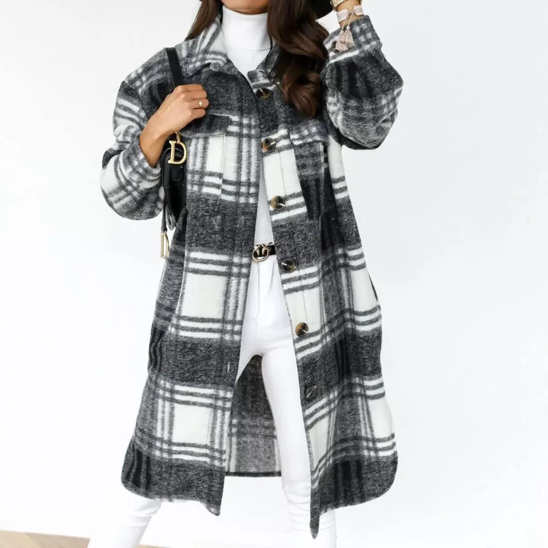 2024 Single-Breasted Trench Coat – Fashion Long Woolen Plaid Overcoat for Autumn/Winter, Women's Long Sleeve Clothing