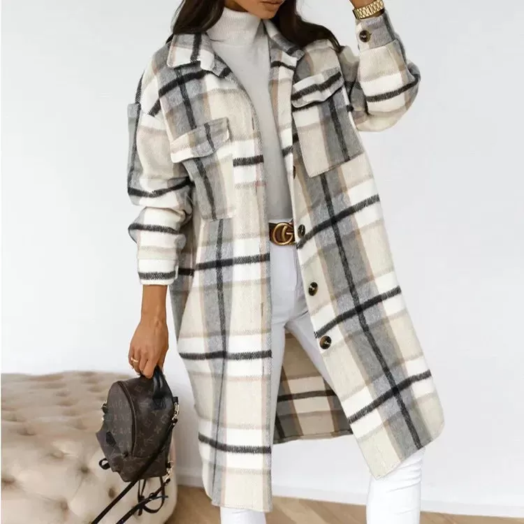 2024 Single-Breasted Trench Coat – Fashion Long Woolen Plaid Overcoat for Autumn/Winter, Women's Long Sleeve Clothing