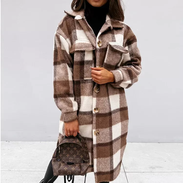 2024 Single-Breasted Trench Coat – Fashion Long Woolen Plaid Overcoat for Autumn/Winter, Women's Long Sleeve Clothing