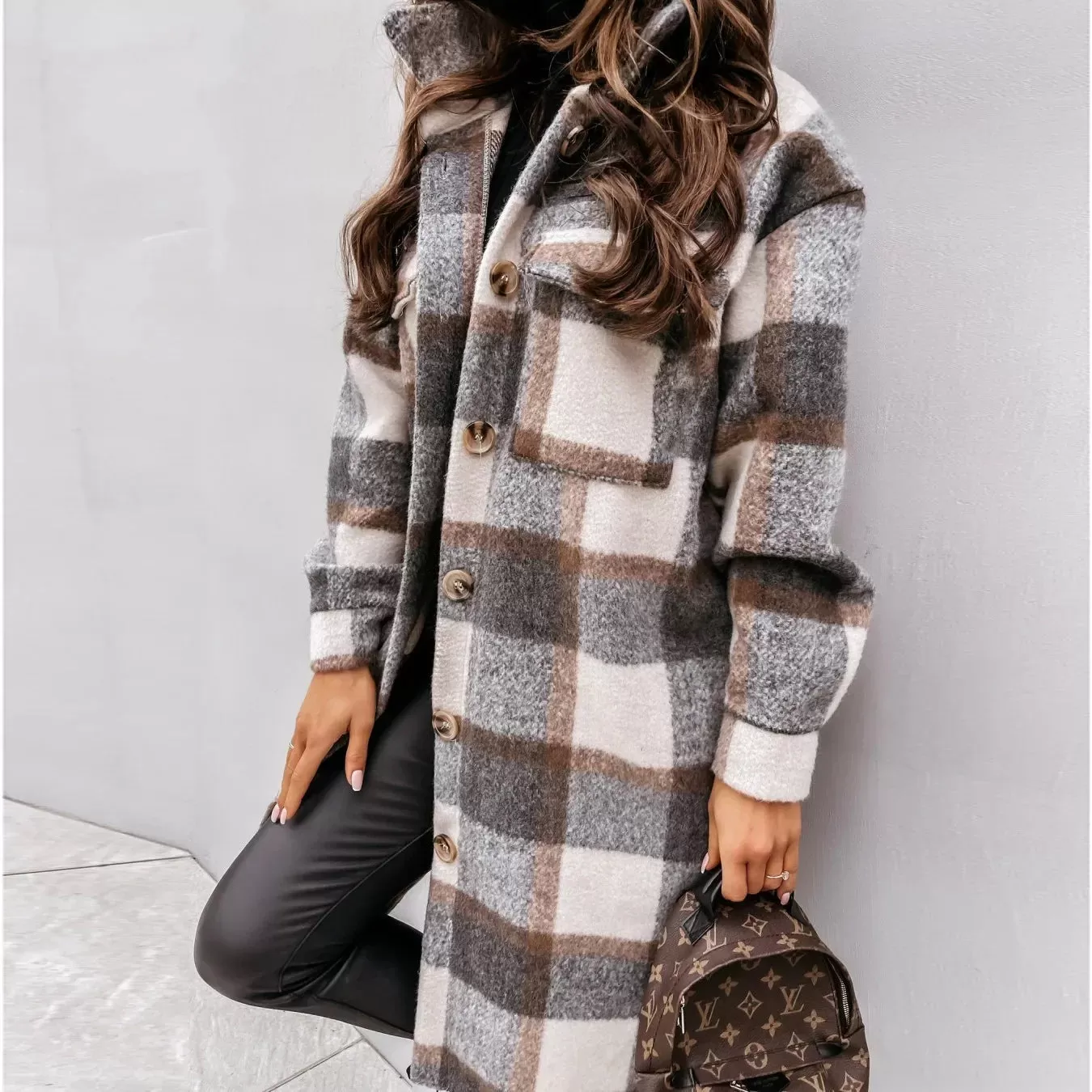 2024 Single-Breasted Trench Coat – Fashion Long Woolen Plaid Overcoat for Autumn/Winter, Women's Long Sleeve Clothing