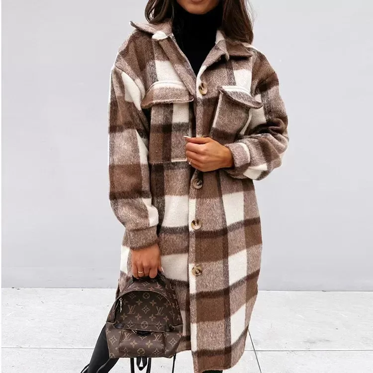 2024 Single-Breasted Trench Coat – Fashion Long Woolen Plaid Overcoat for Autumn/Winter, Women's Long Sleeve Clothing