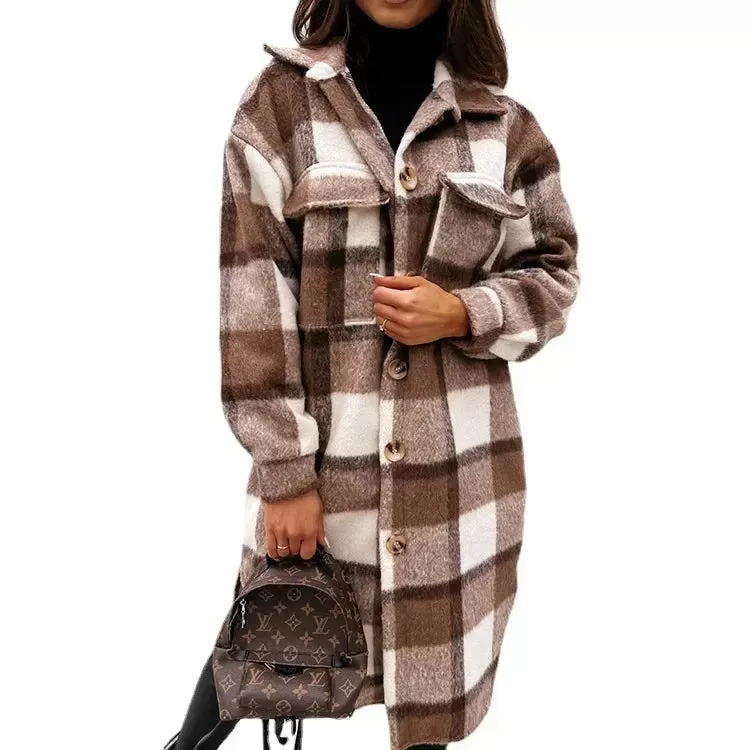 2024 Single-Breasted Trench Coat – Fashion Long Woolen Plaid Overcoat for Autumn/Winter, Women's Long Sleeve Clothing