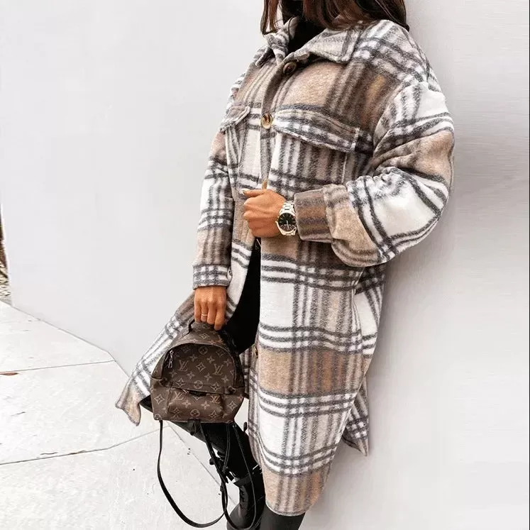 2024 Single-Breasted Trench Coat – Fashion Long Woolen Plaid Overcoat for Autumn/Winter, Women's Long Sleeve Clothing