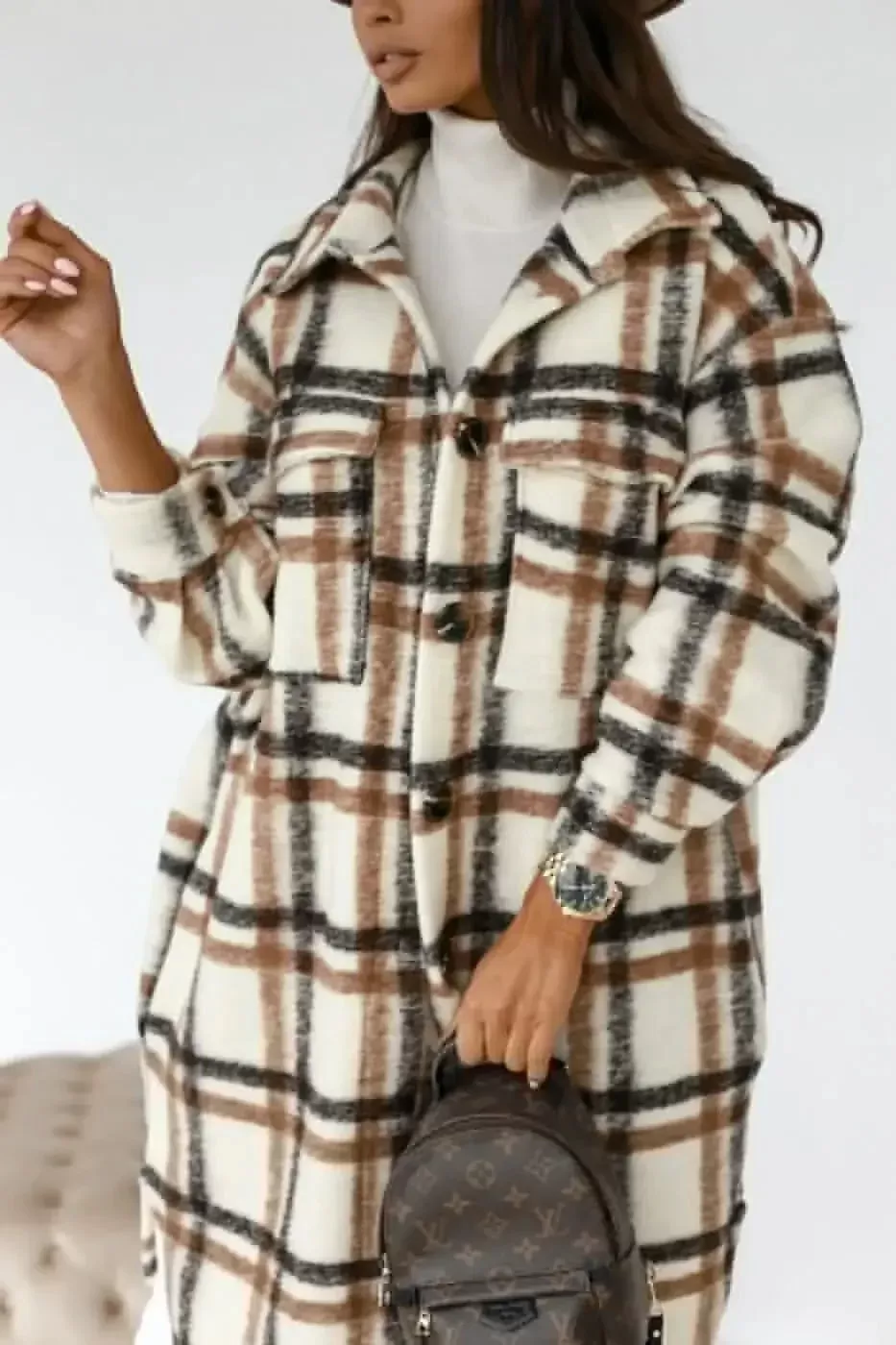 2024 Single-Breasted Trench Coat – Fashion Long Woolen Plaid Overcoat for Autumn/Winter, Women's Long Sleeve Clothing