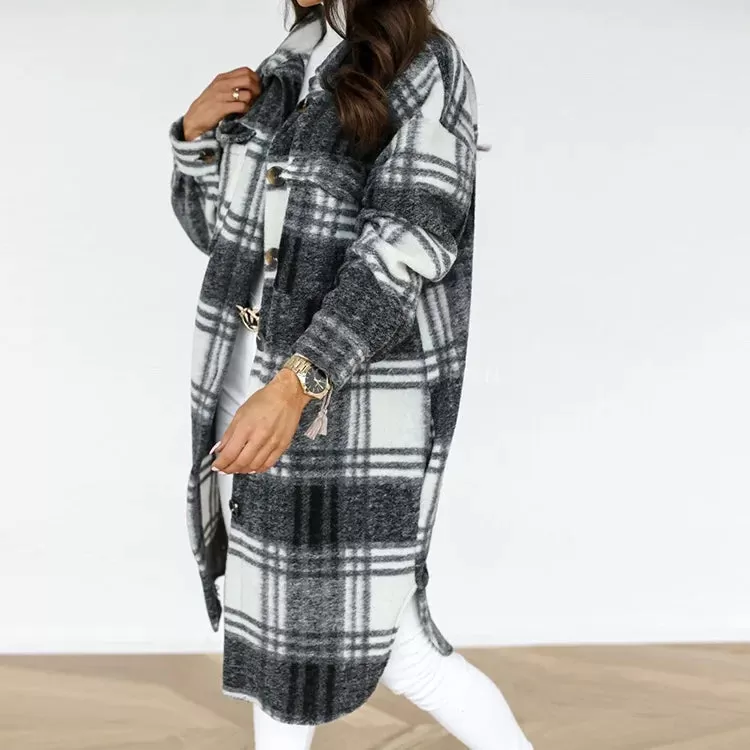 2024 Single-Breasted Trench Coat – Fashion Long Woolen Plaid Overcoat for Autumn/Winter, Women's Long Sleeve Clothing