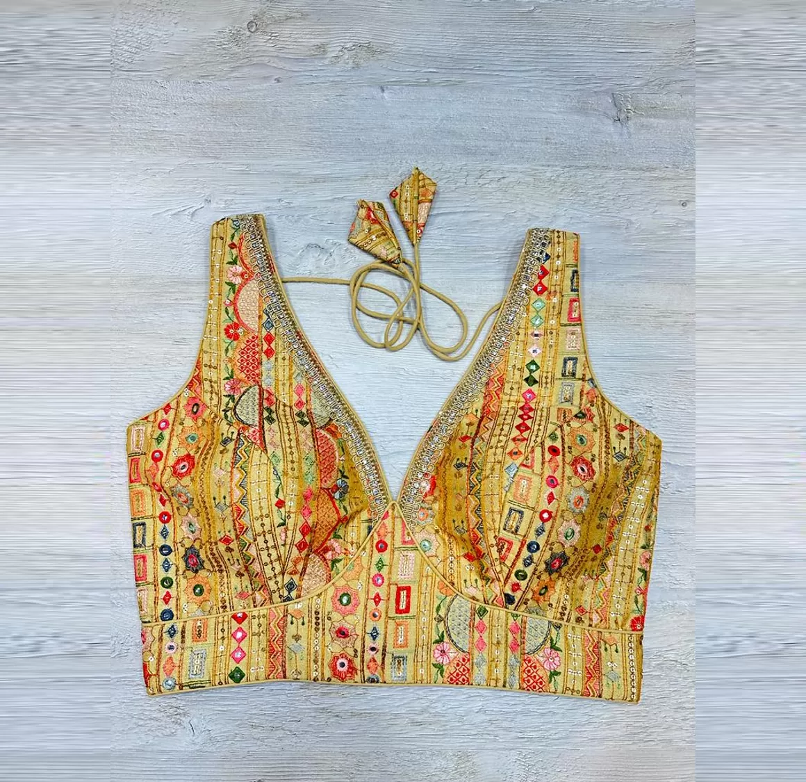 50W537-RO  Yellow Multicolor Embroidered Blouse With Mirror Work