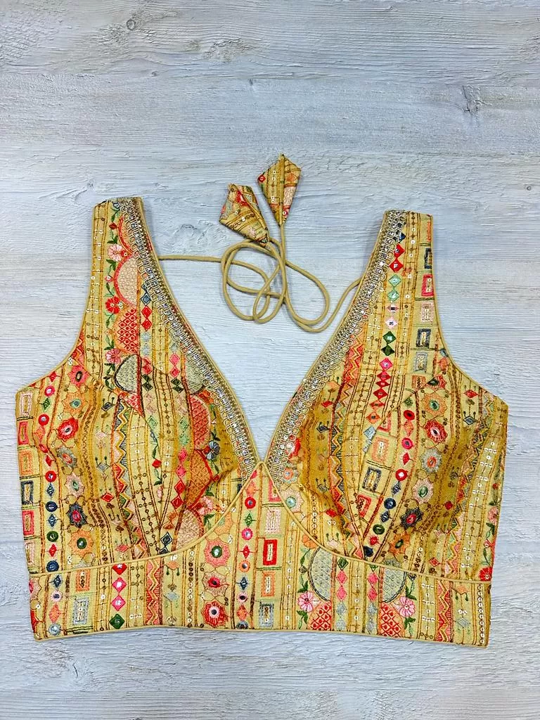 50W537-RO  Yellow Multicolor Embroidered Blouse With Mirror Work