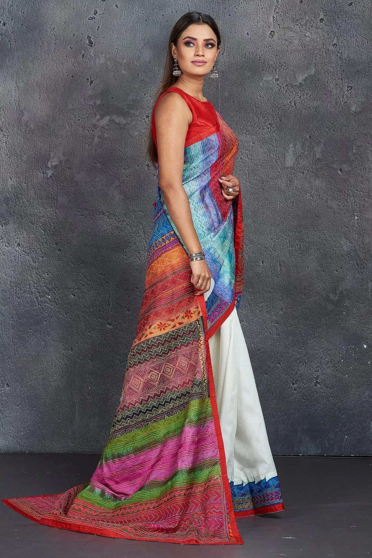 90M346 White and Multicolor Kantha Work Saree