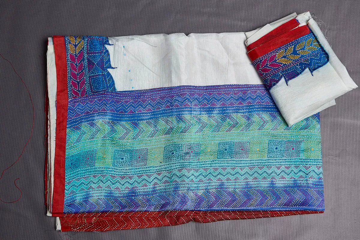 90M346 White and Multicolor Kantha Work Saree