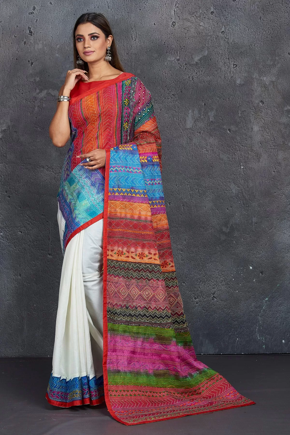 90M346 White and Multicolor Kantha Work Saree