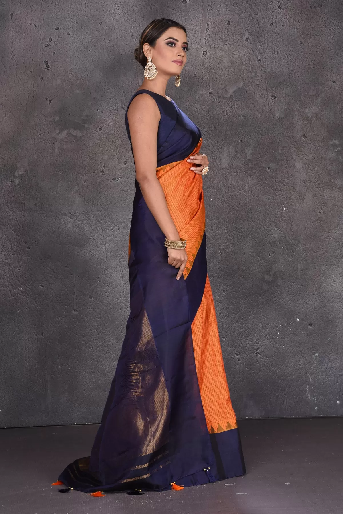 90M516 Orange Gadhwal Handloom Silk Saree with Navy Zari Pallu