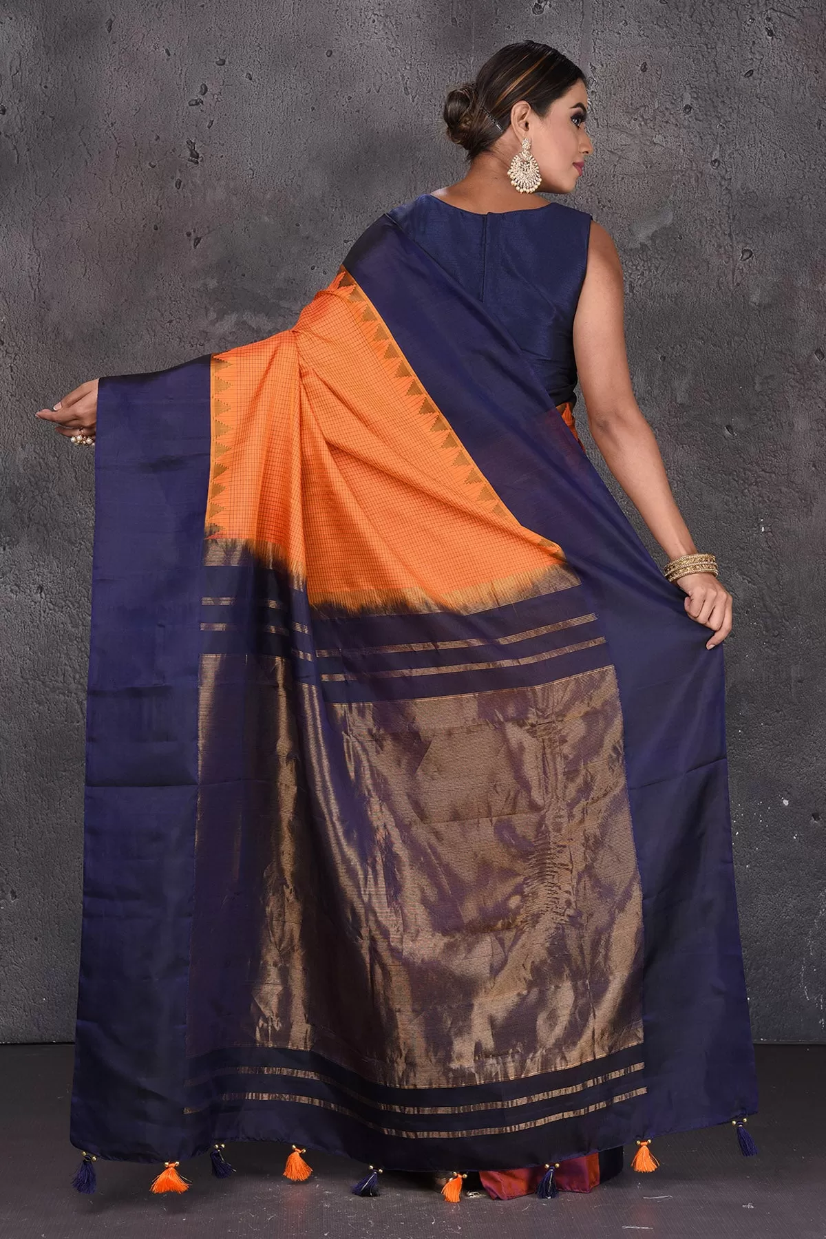 90M516 Orange Gadhwal Handloom Silk Saree with Navy Zari Pallu