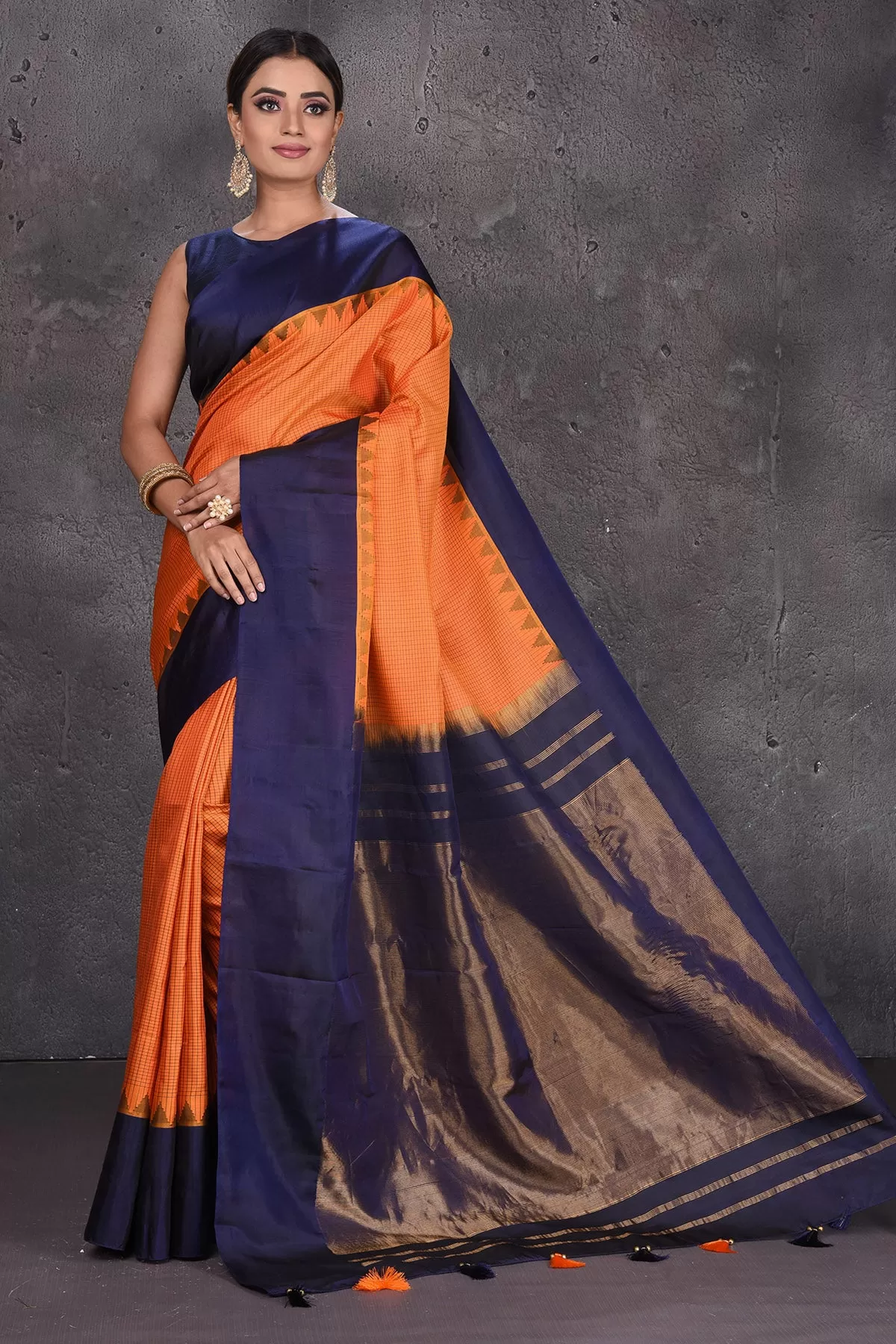 90M516 Orange Gadhwal Handloom Silk Saree with Navy Zari Pallu