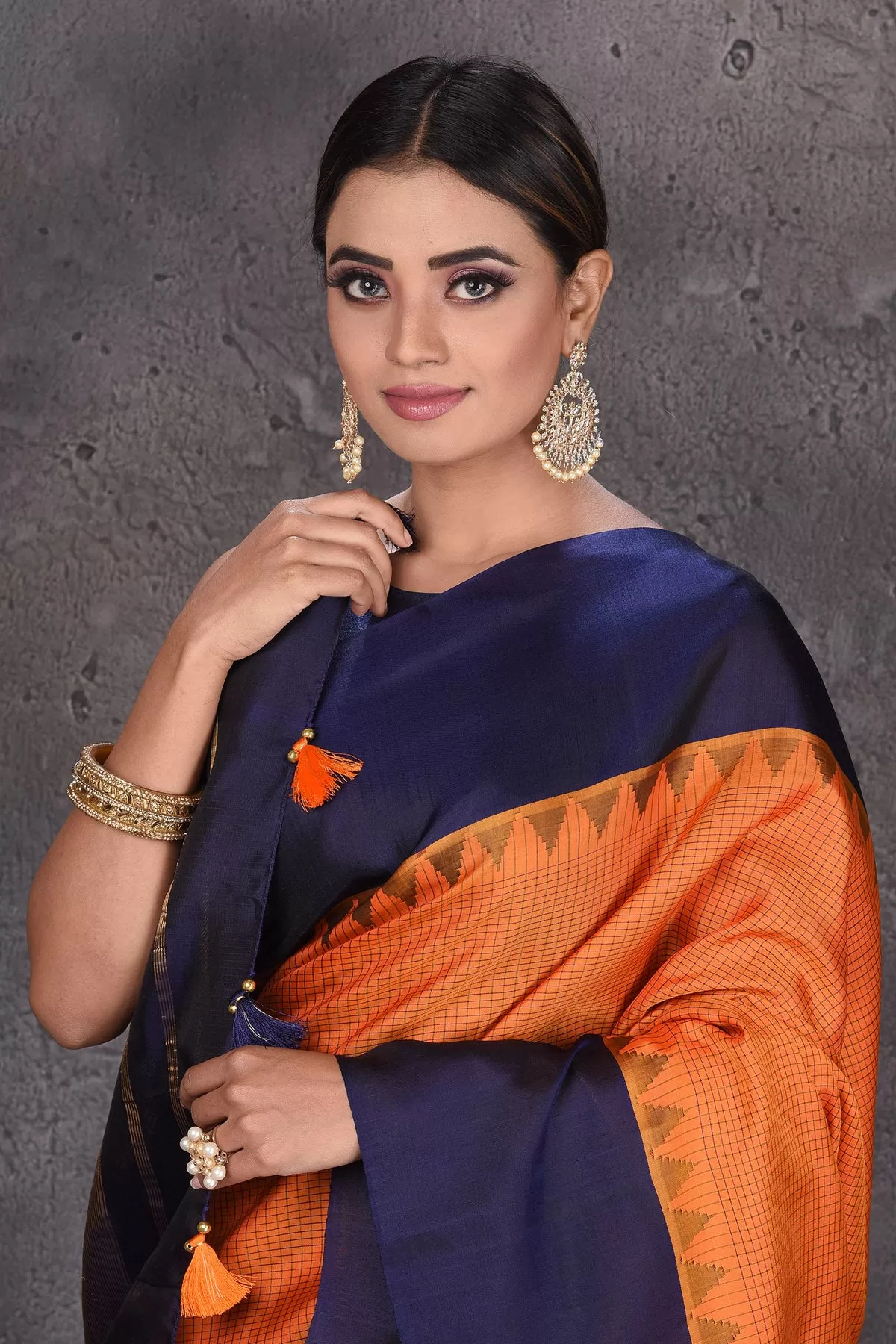 90M516 Orange Gadhwal Handloom Silk Saree with Navy Zari Pallu