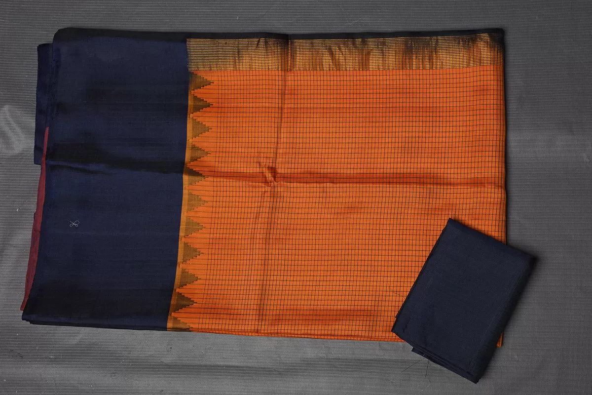 90M516 Orange Gadhwal Handloom Silk Saree with Navy Zari Pallu