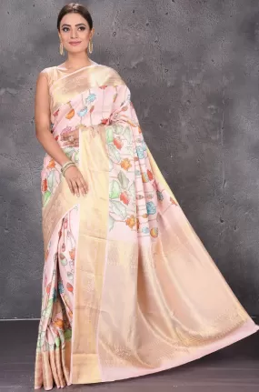 90M672 Powder Pink Printed Kanjeevaram Saree with Zari Border