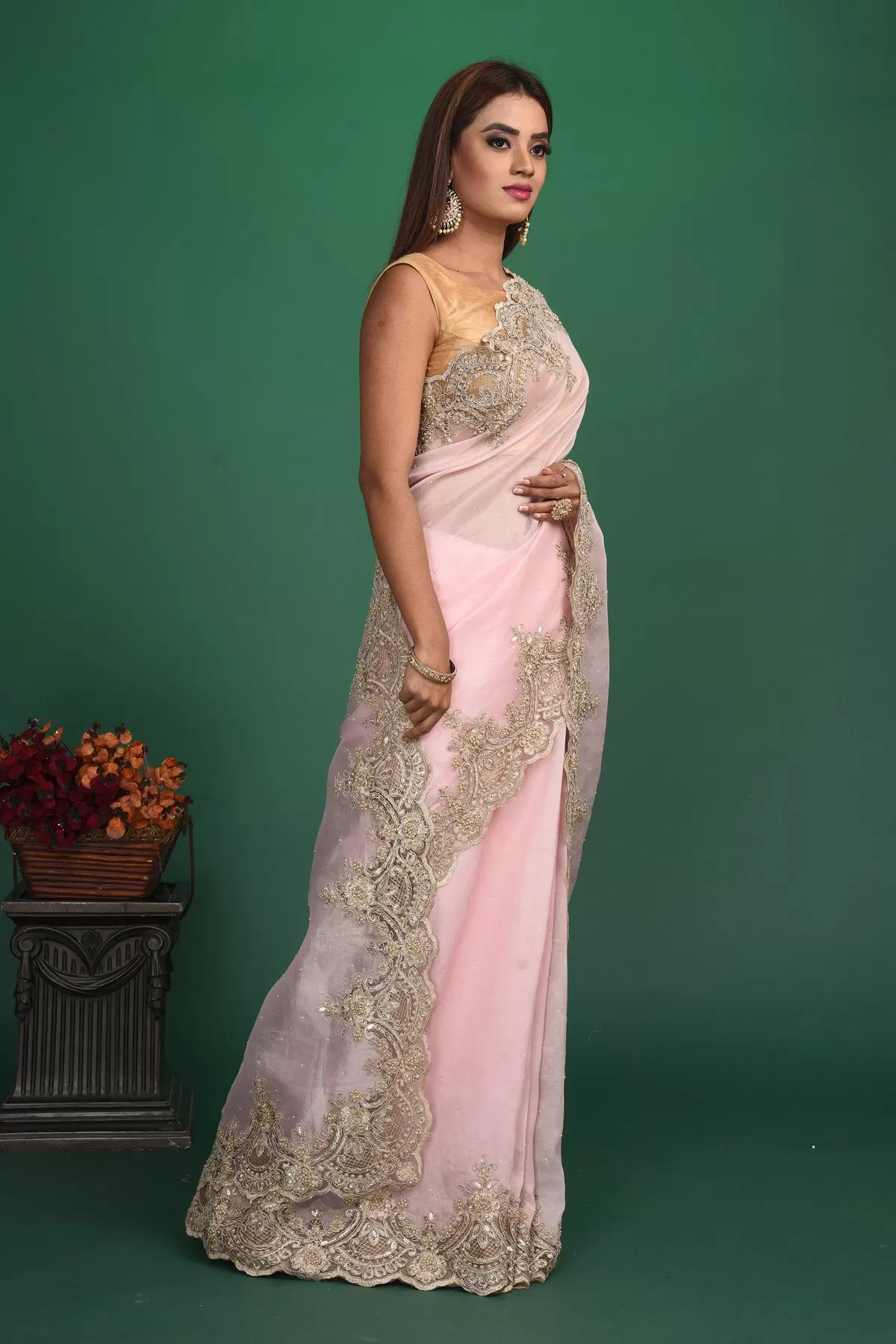 90N014 Powder Pink Embroidered Organza Saree