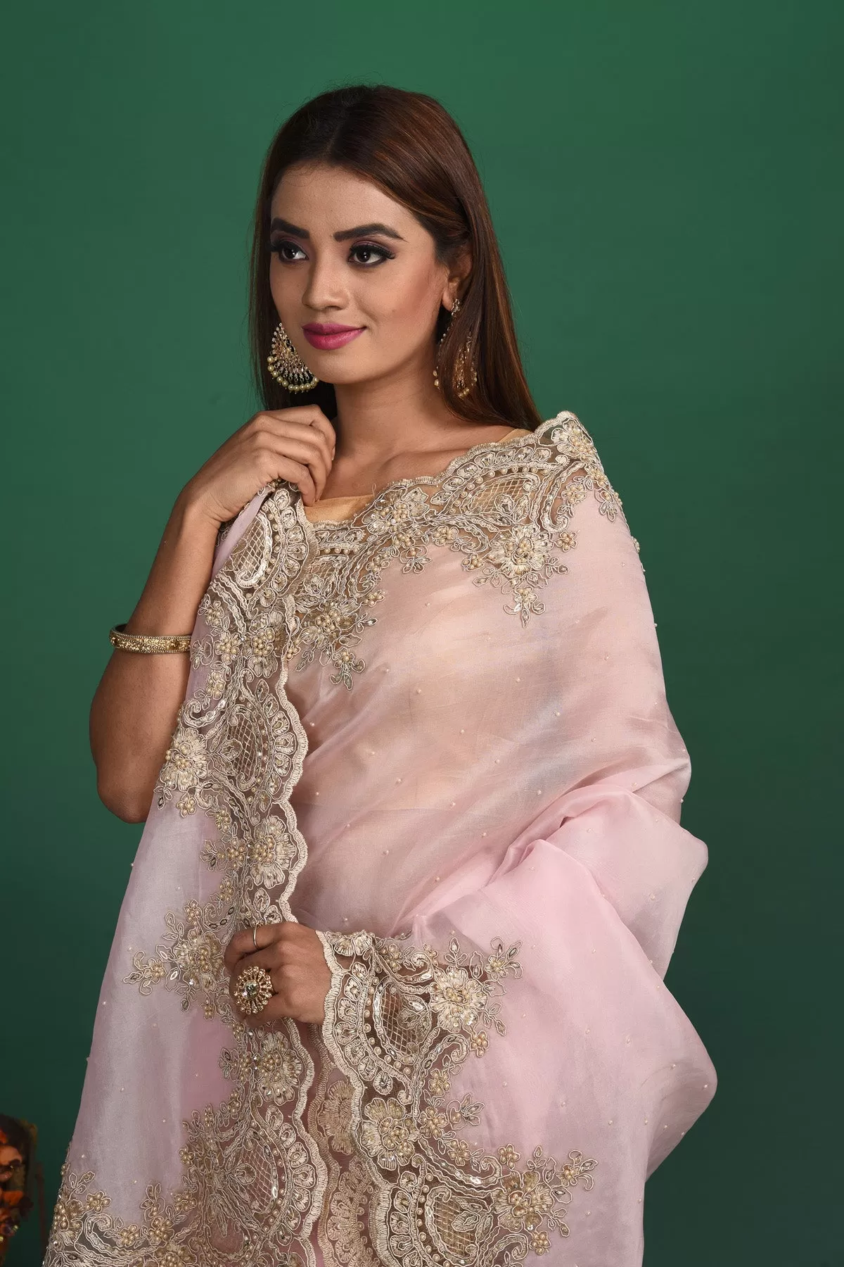 90N014 Powder Pink Embroidered Organza Saree