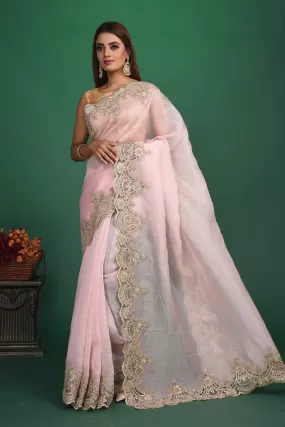 90N014 Powder Pink Embroidered Organza Saree