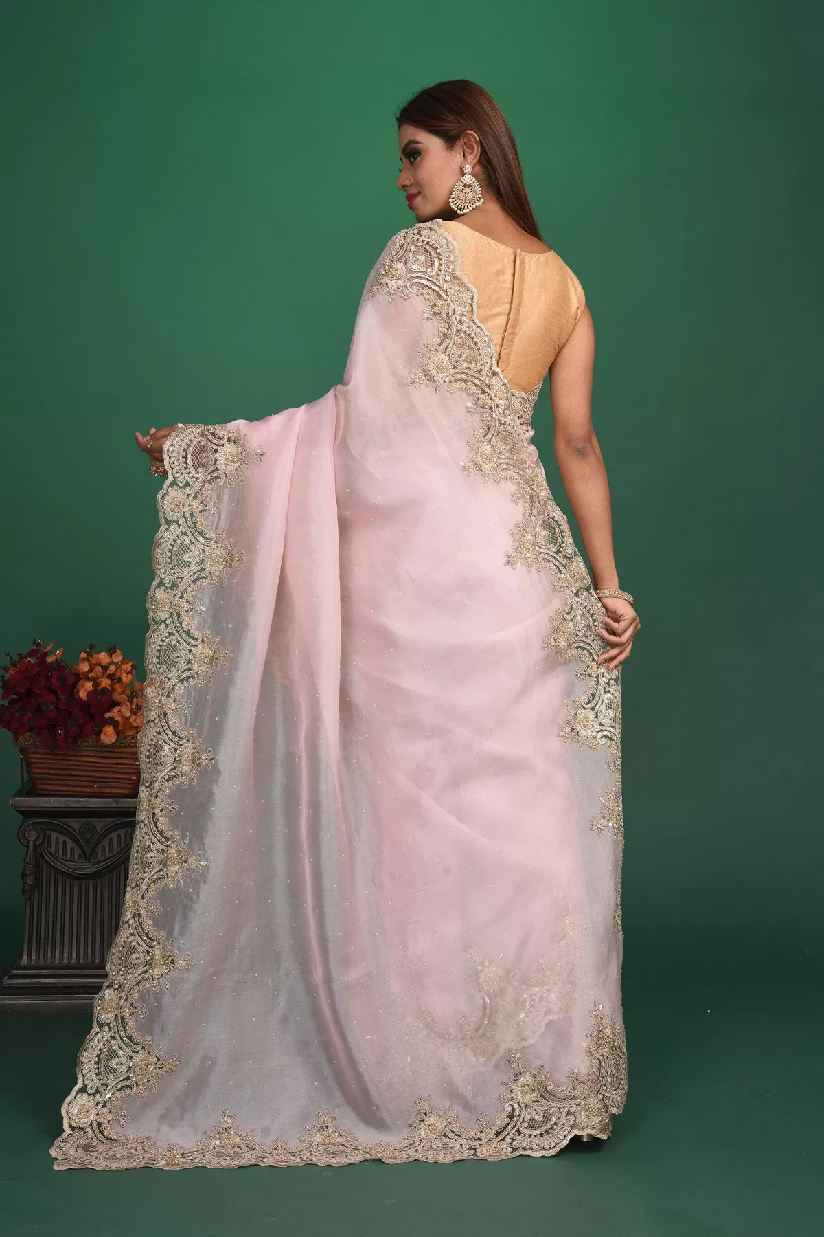 90N014 Powder Pink Embroidered Organza Saree