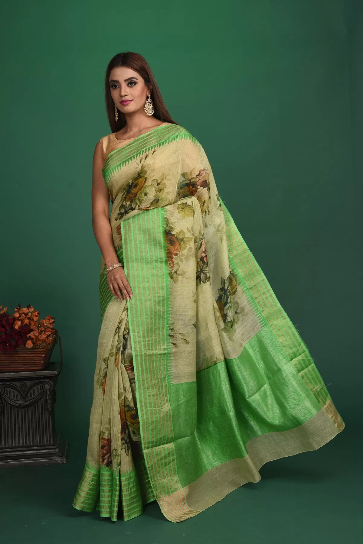 90N031 Beige-Green Tussar Silk Saree with Floral Printed