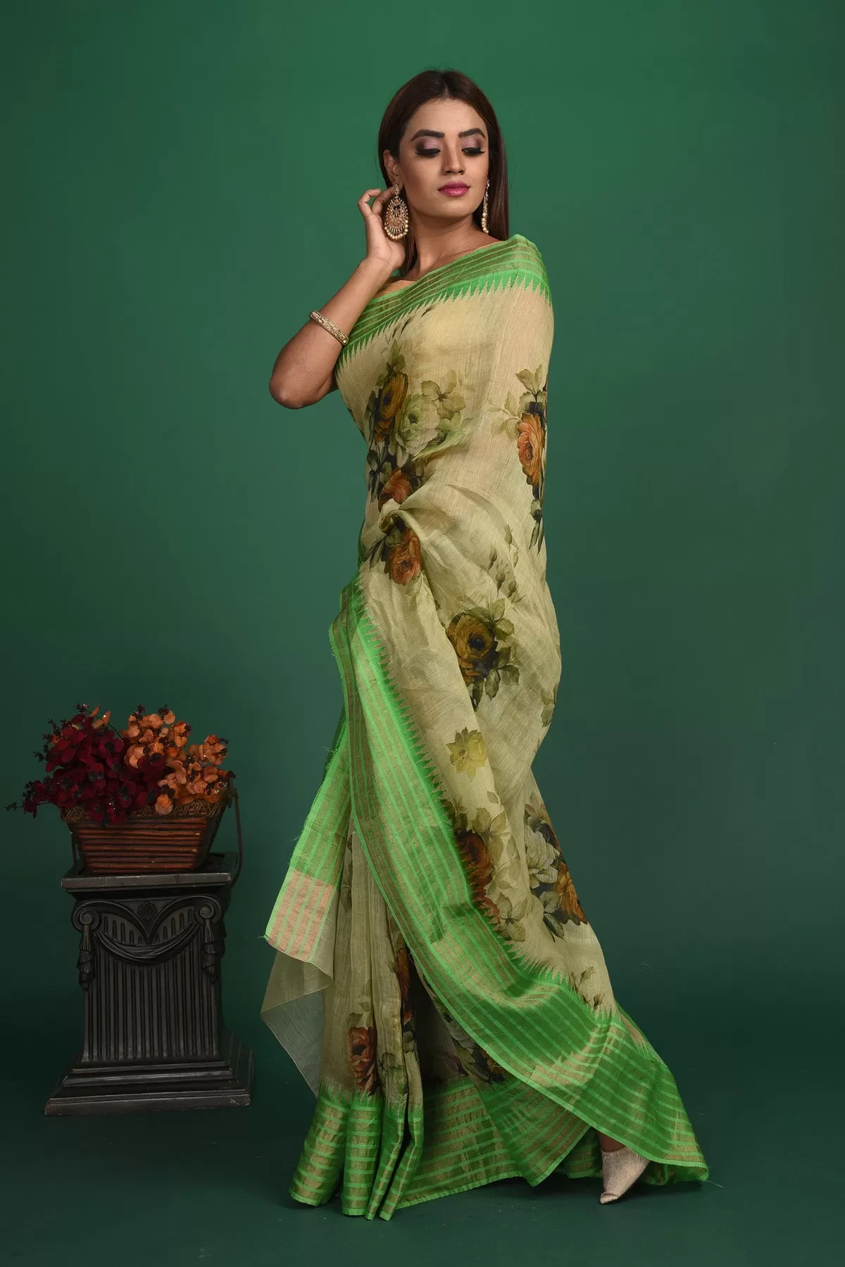 90N031 Beige-Green Tussar Silk Saree with Floral Printed