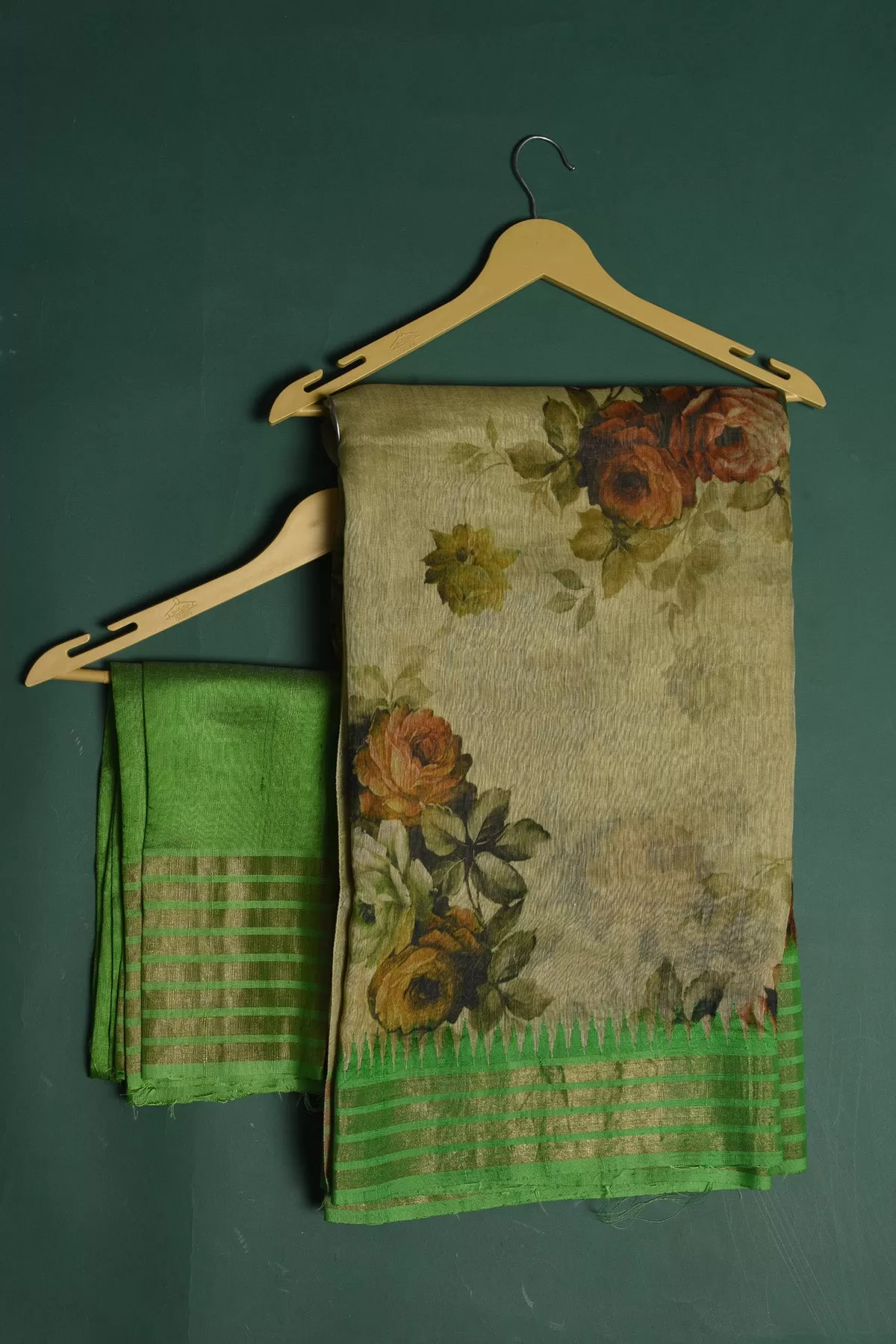 90N031 Beige-Green Tussar Silk Saree with Floral Printed