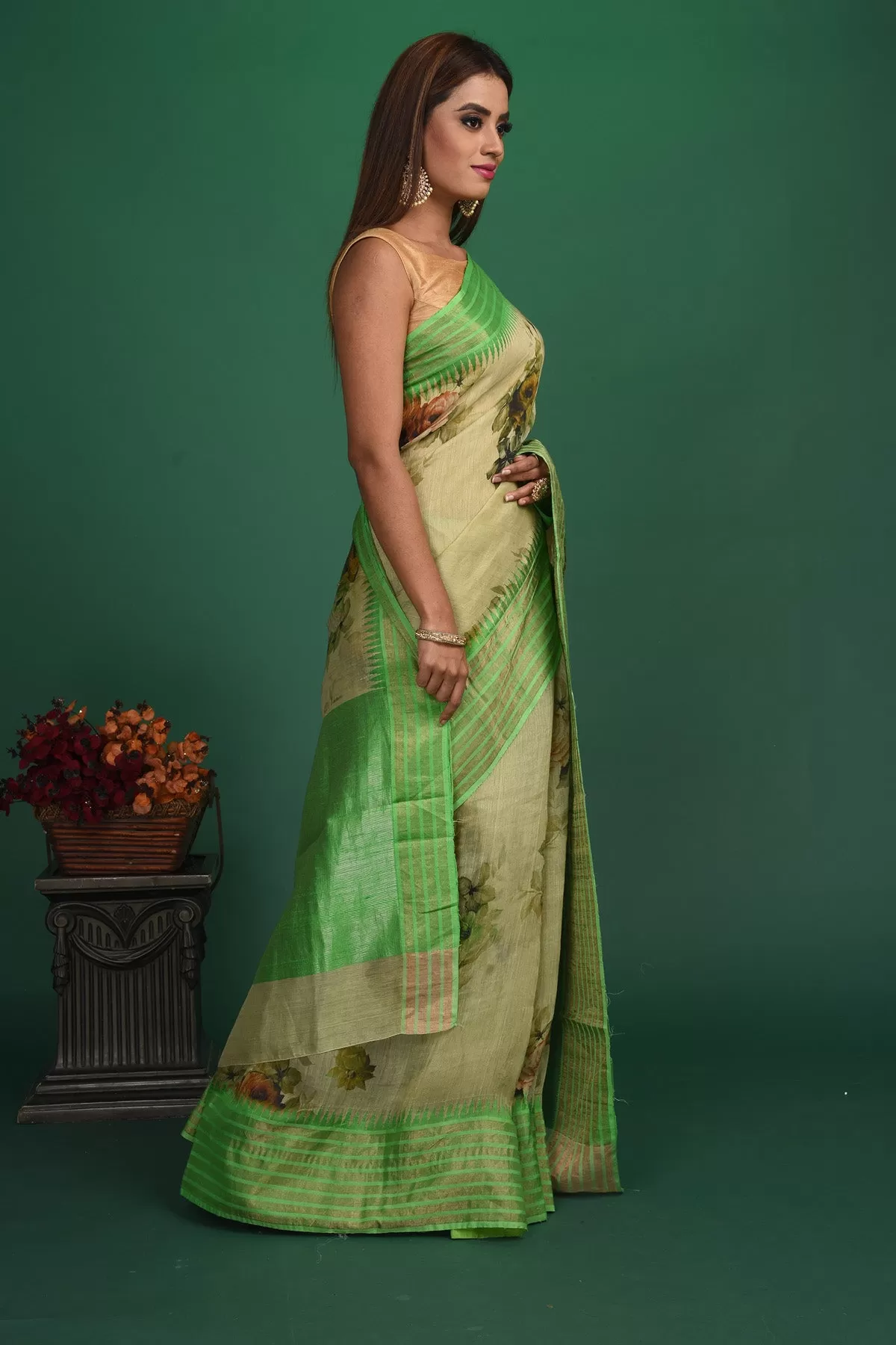 90N031 Beige-Green Tussar Silk Saree with Floral Printed