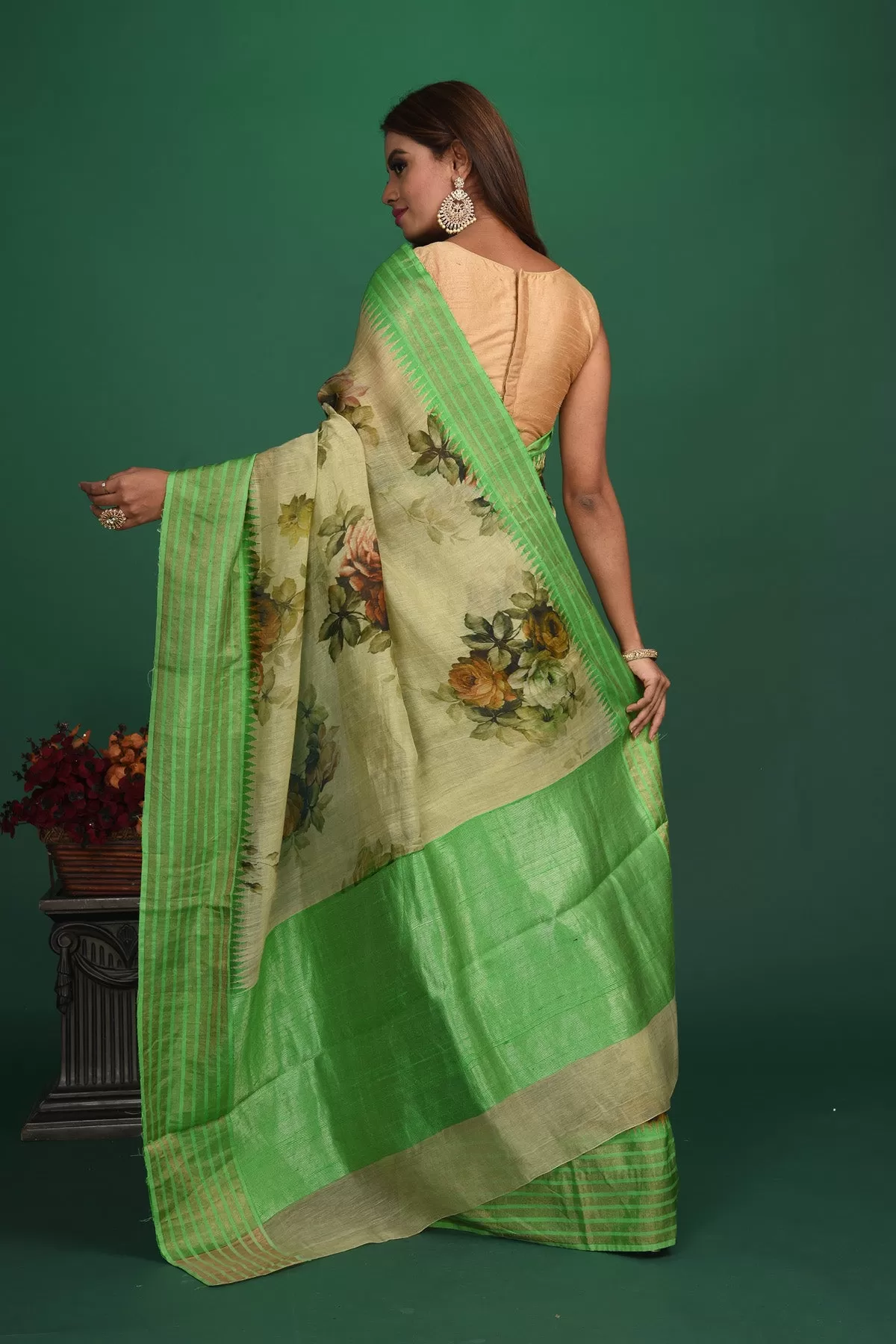 90N031 Beige-Green Tussar Silk Saree with Floral Printed