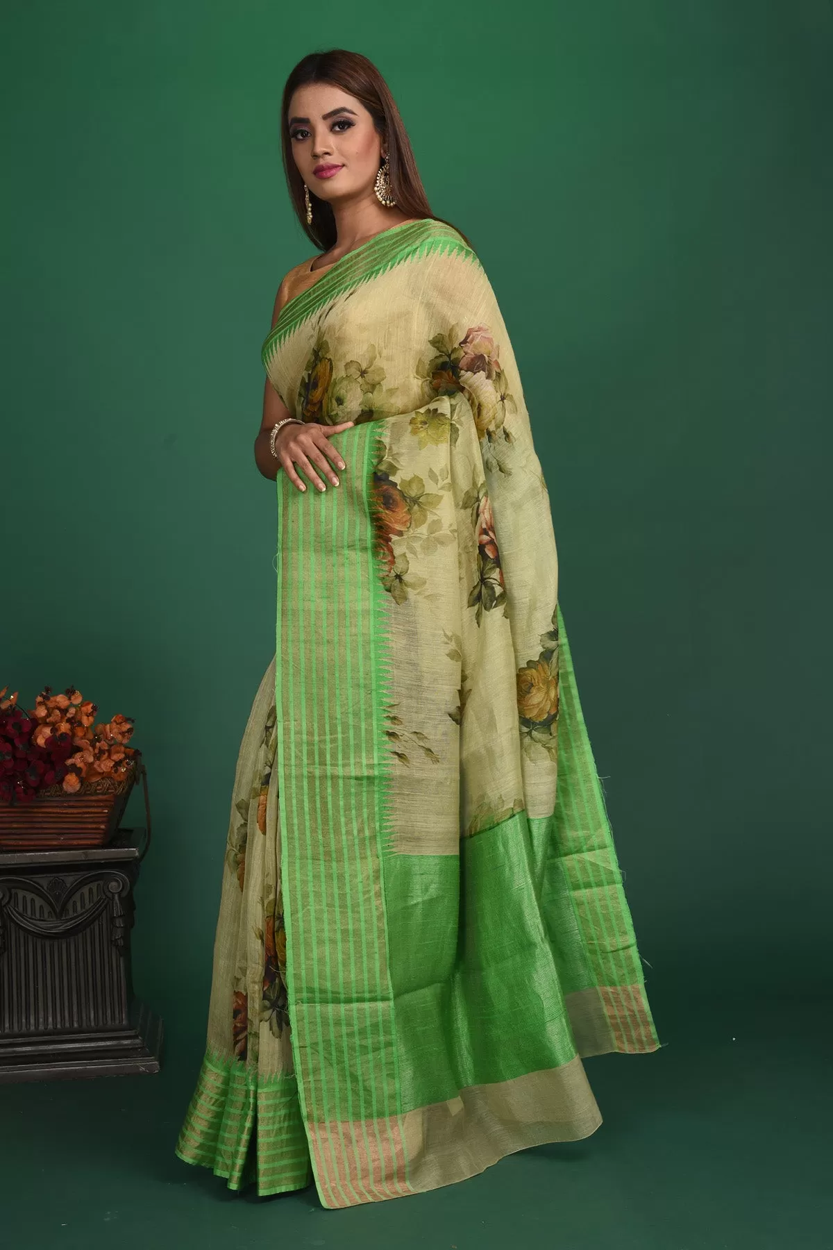 90N031 Beige-Green Tussar Silk Saree with Floral Printed