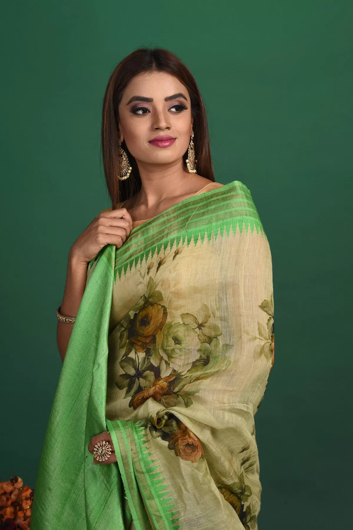 90N031 Beige-Green Tussar Silk Saree with Floral Printed