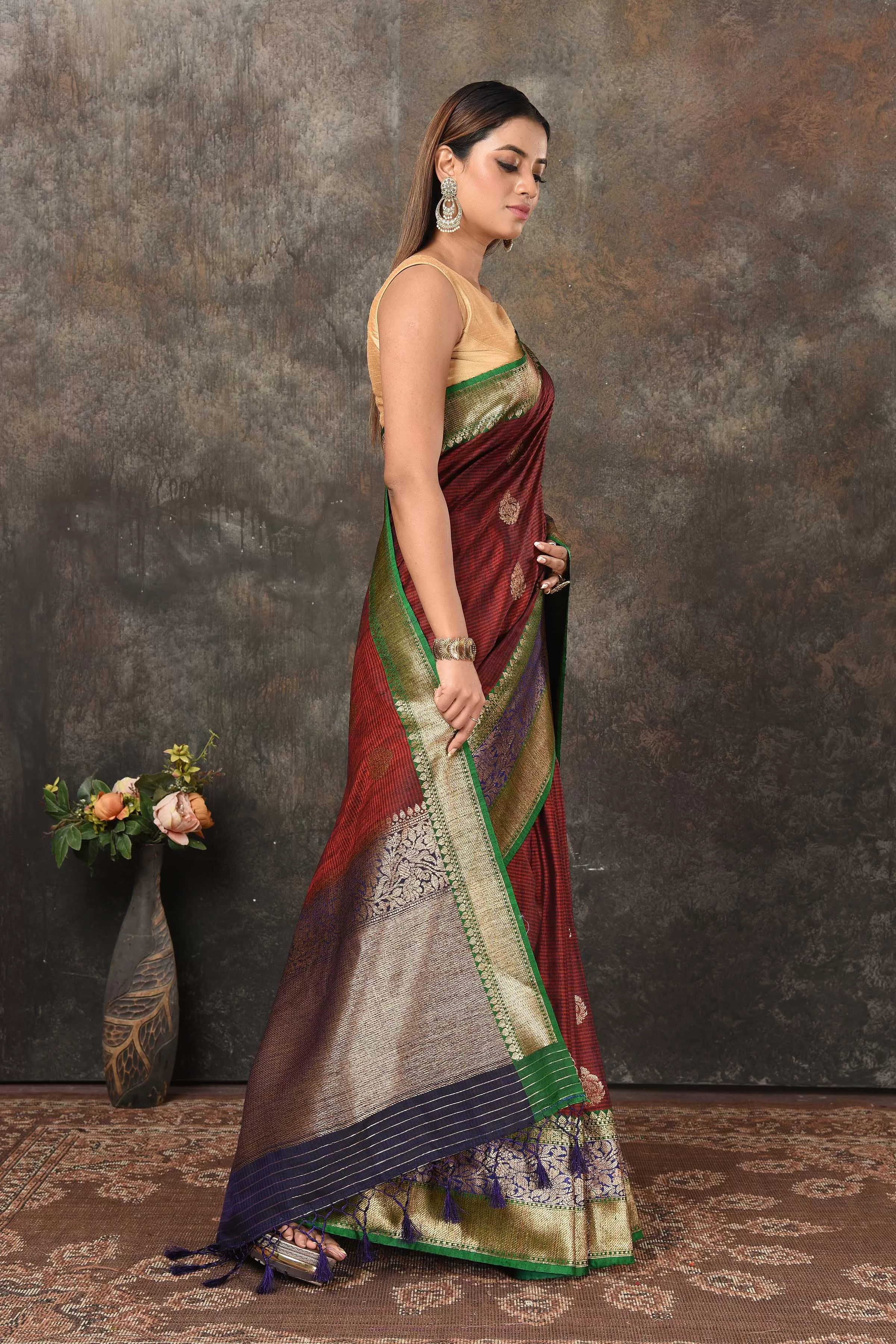 90N455-RO Maroon Banarasi Sari with Blue Green Zari Border