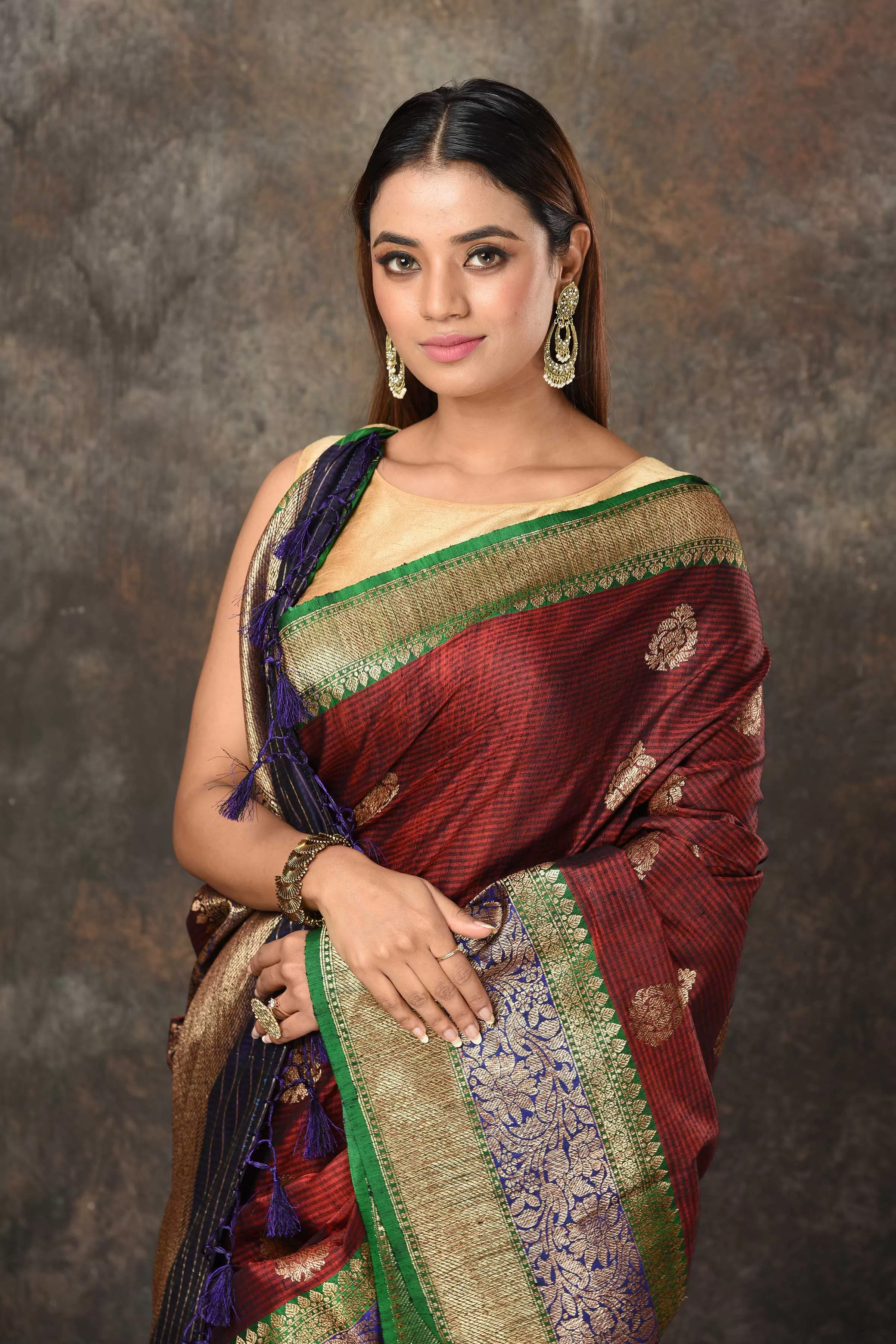 90N455-RO Maroon Banarasi Sari with Blue Green Zari Border