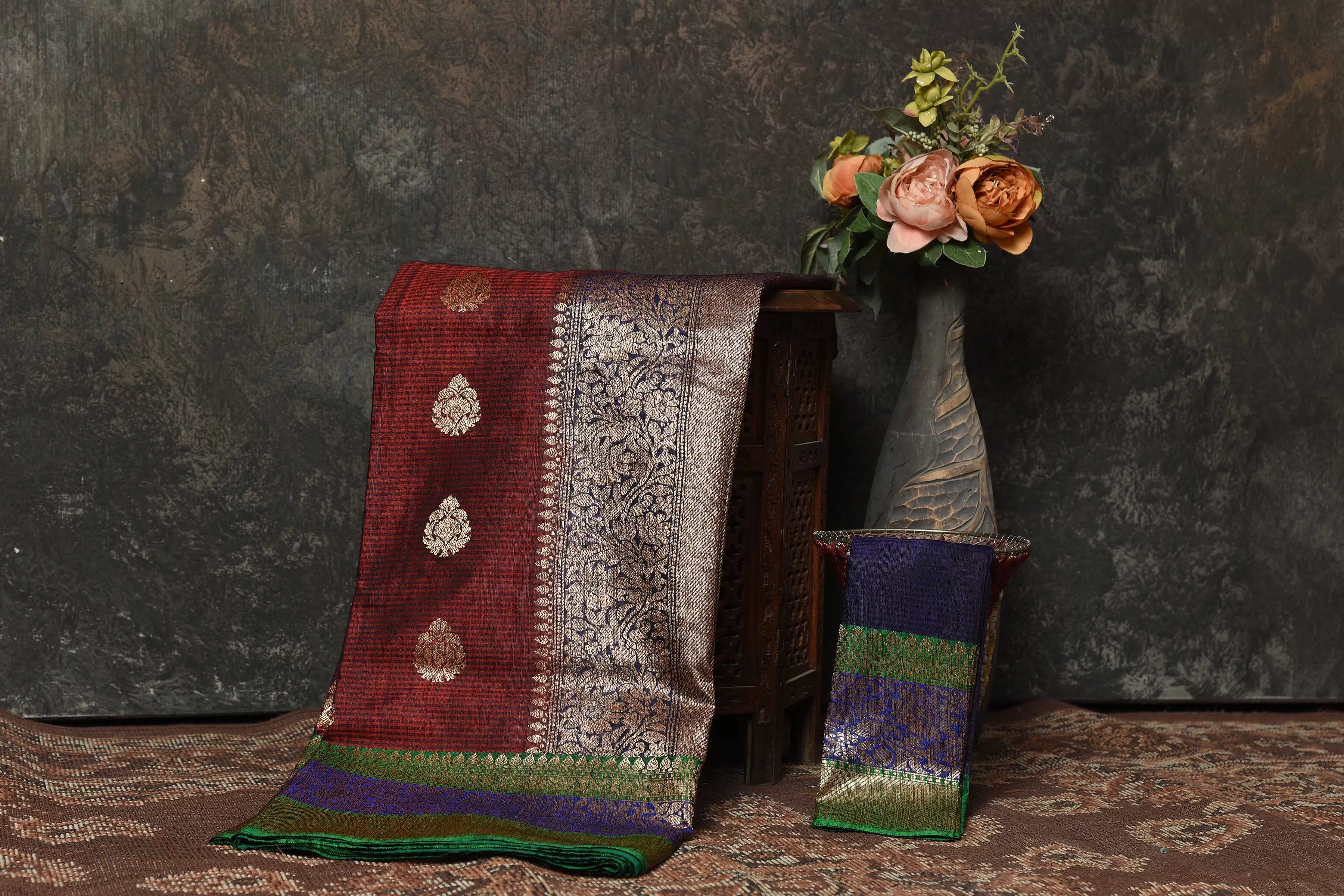 90N455-RO Maroon Banarasi Sari with Blue Green Zari Border