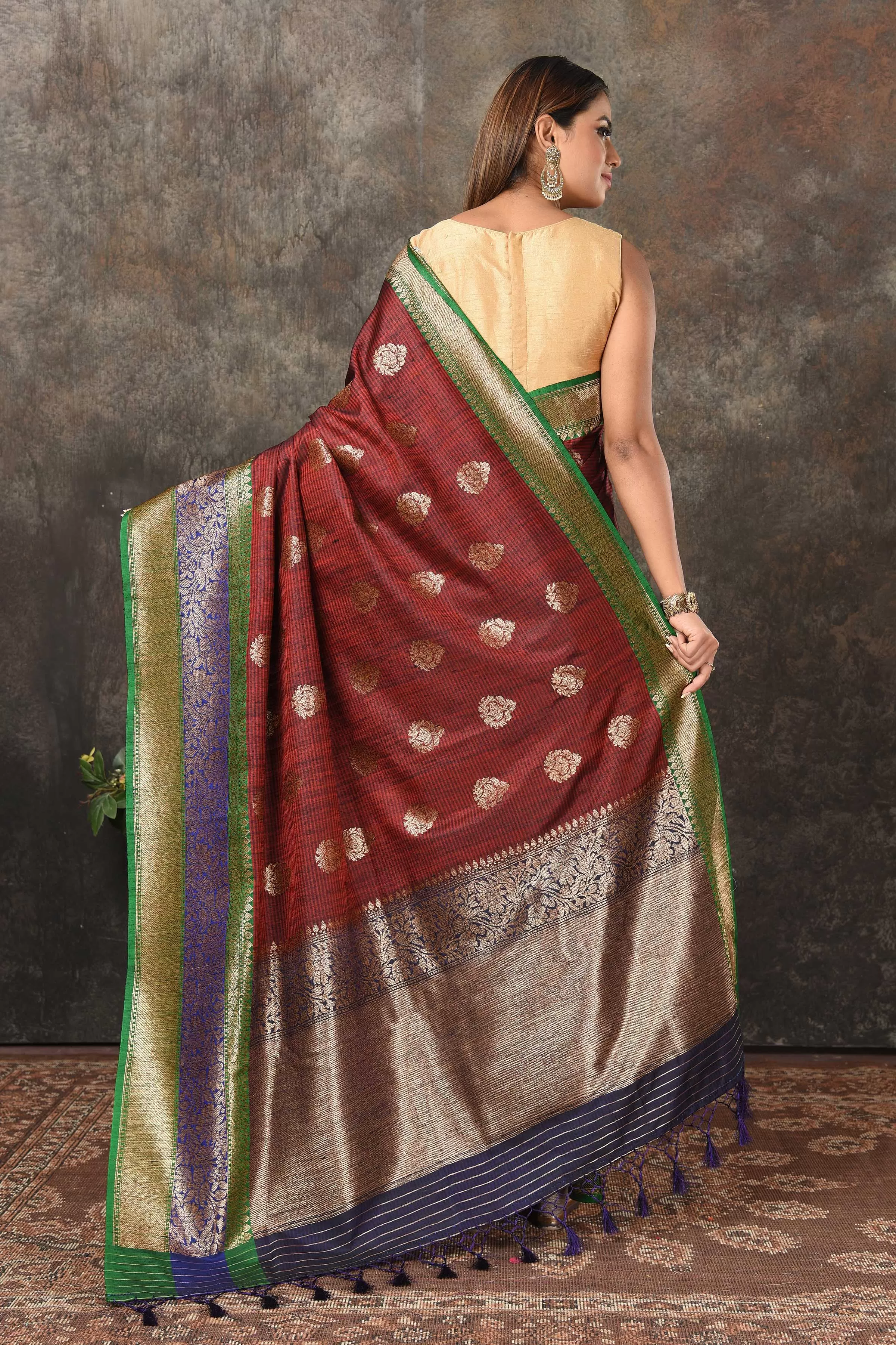 90N455-RO Maroon Banarasi Sari with Blue Green Zari Border