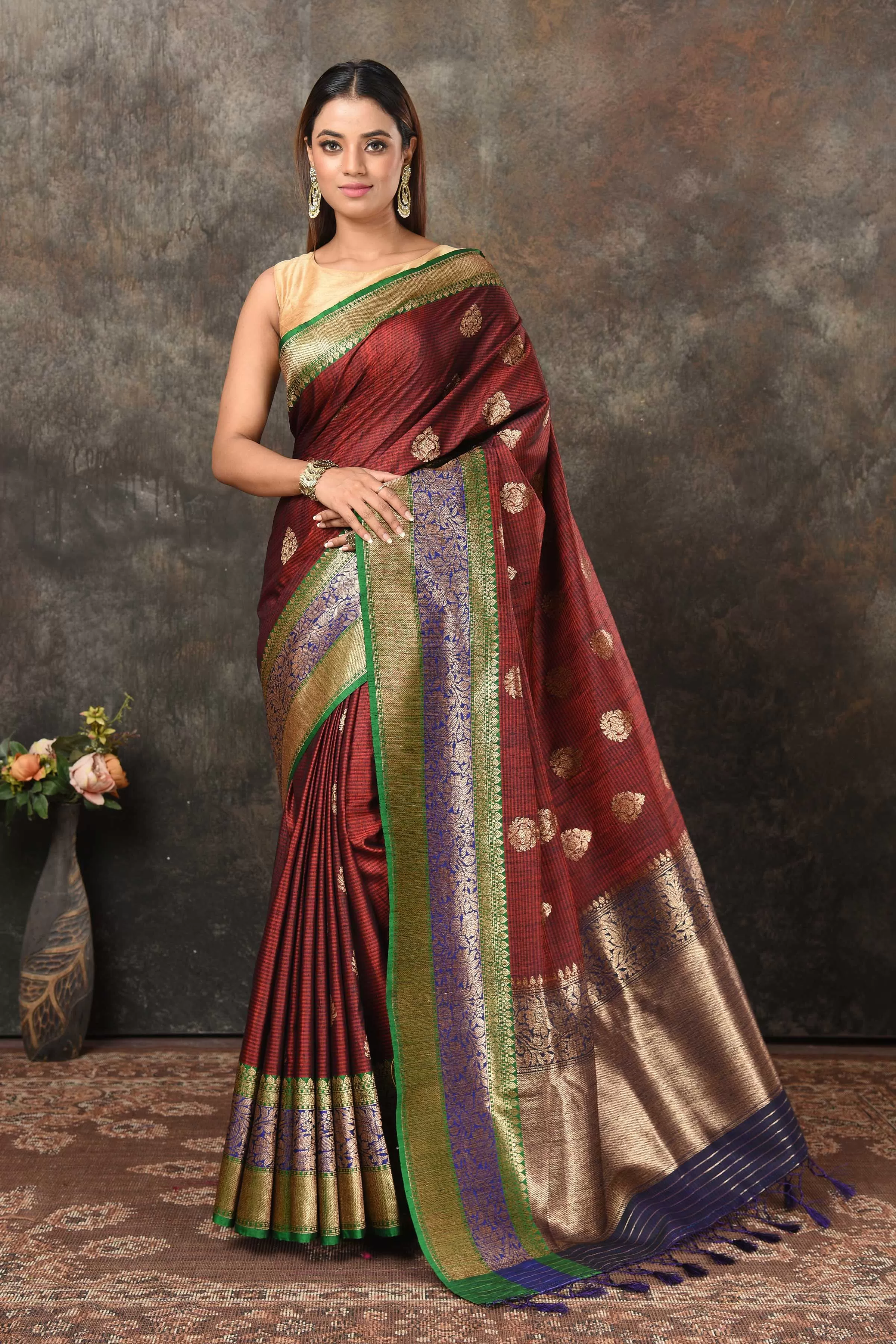 90N455-RO Maroon Banarasi Sari with Blue Green Zari Border