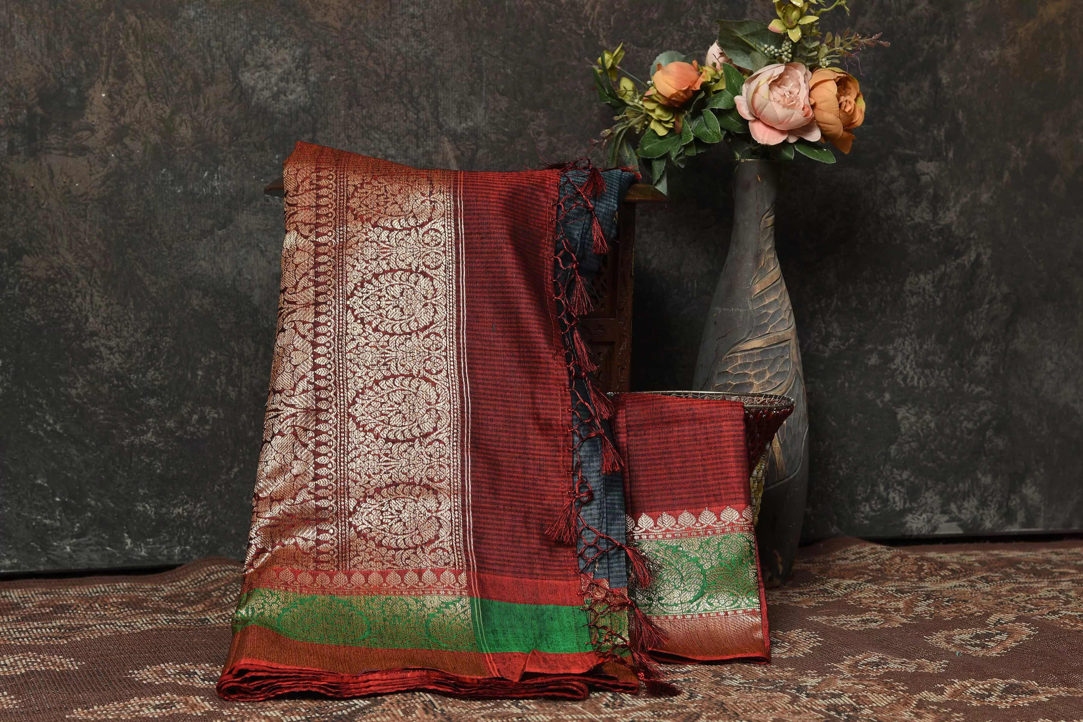 90N458-ROGrey Banarasi Saree with Red Green Zari Border