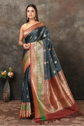 90N458-ROGrey Banarasi Saree with Red Green Zari Border