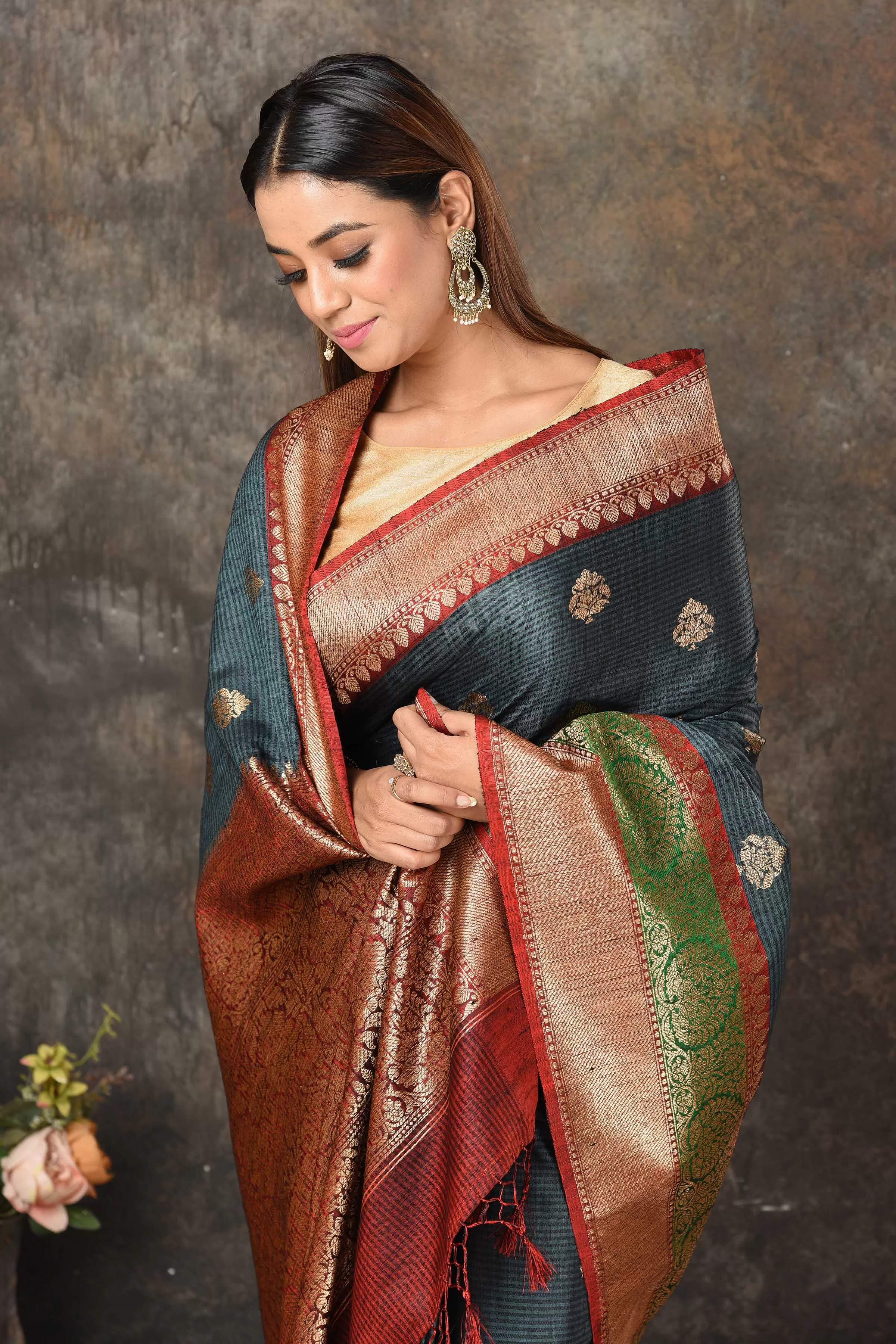 90N458-ROGrey Banarasi Saree with Red Green Zari Border