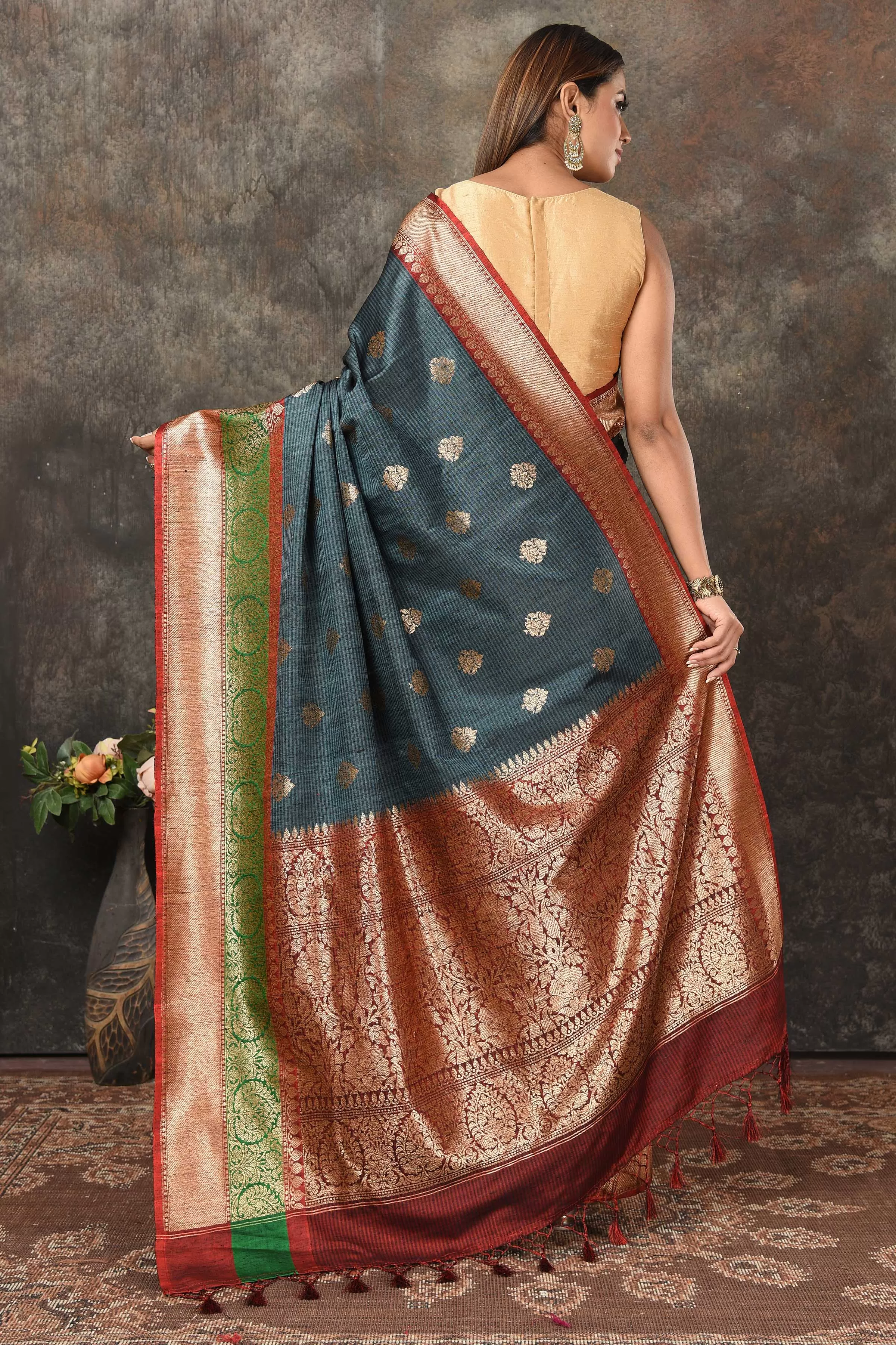 90N458-ROGrey Banarasi Saree with Red Green Zari Border