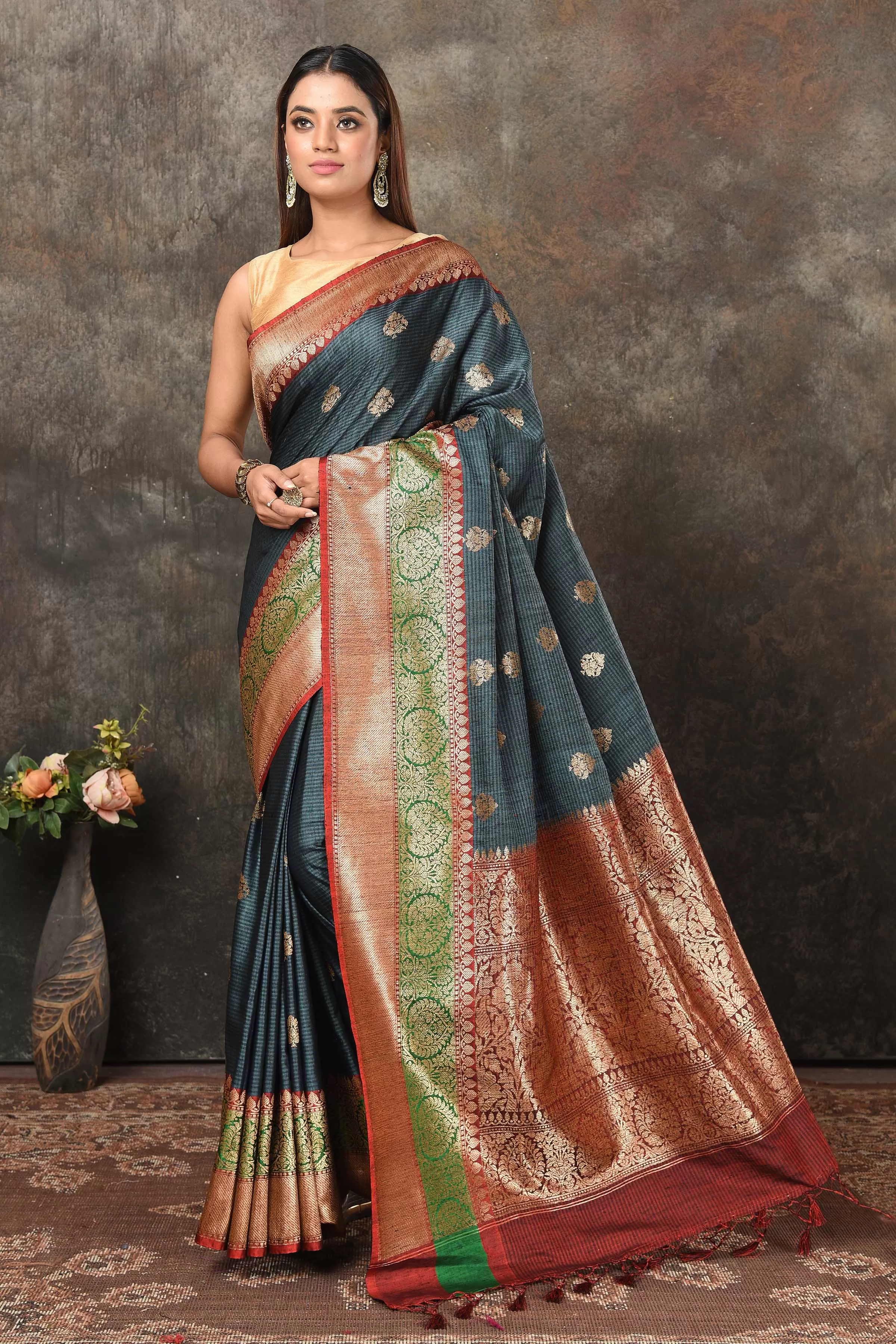 90N458-ROGrey Banarasi Saree with Red Green Zari Border