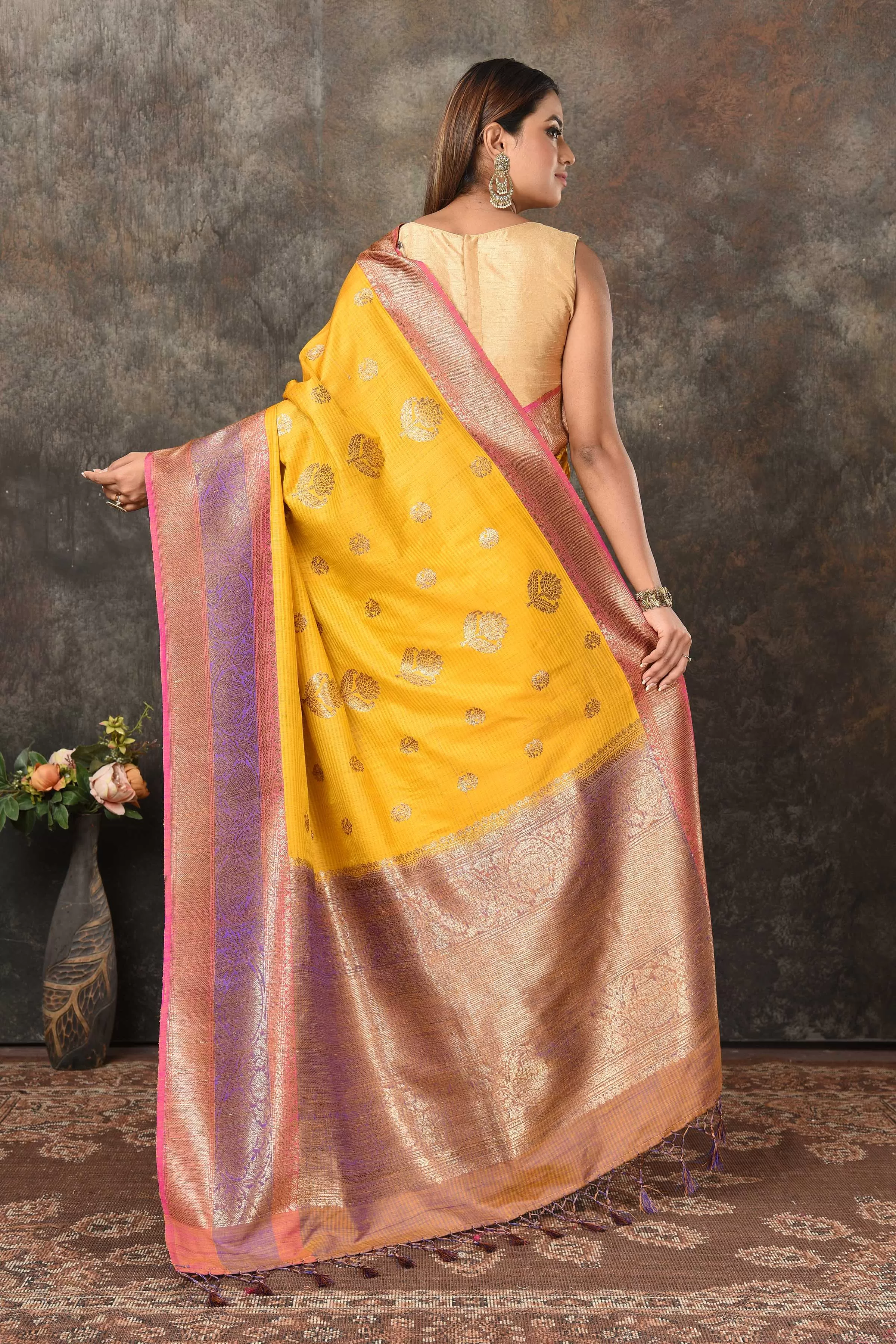 90N461-RO Mango Yellow Banarasi Saree with Pink Purple Zari Border