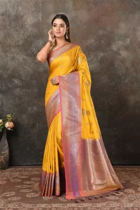 90N461-RO Mango Yellow Banarasi Saree with Pink Purple Zari Border