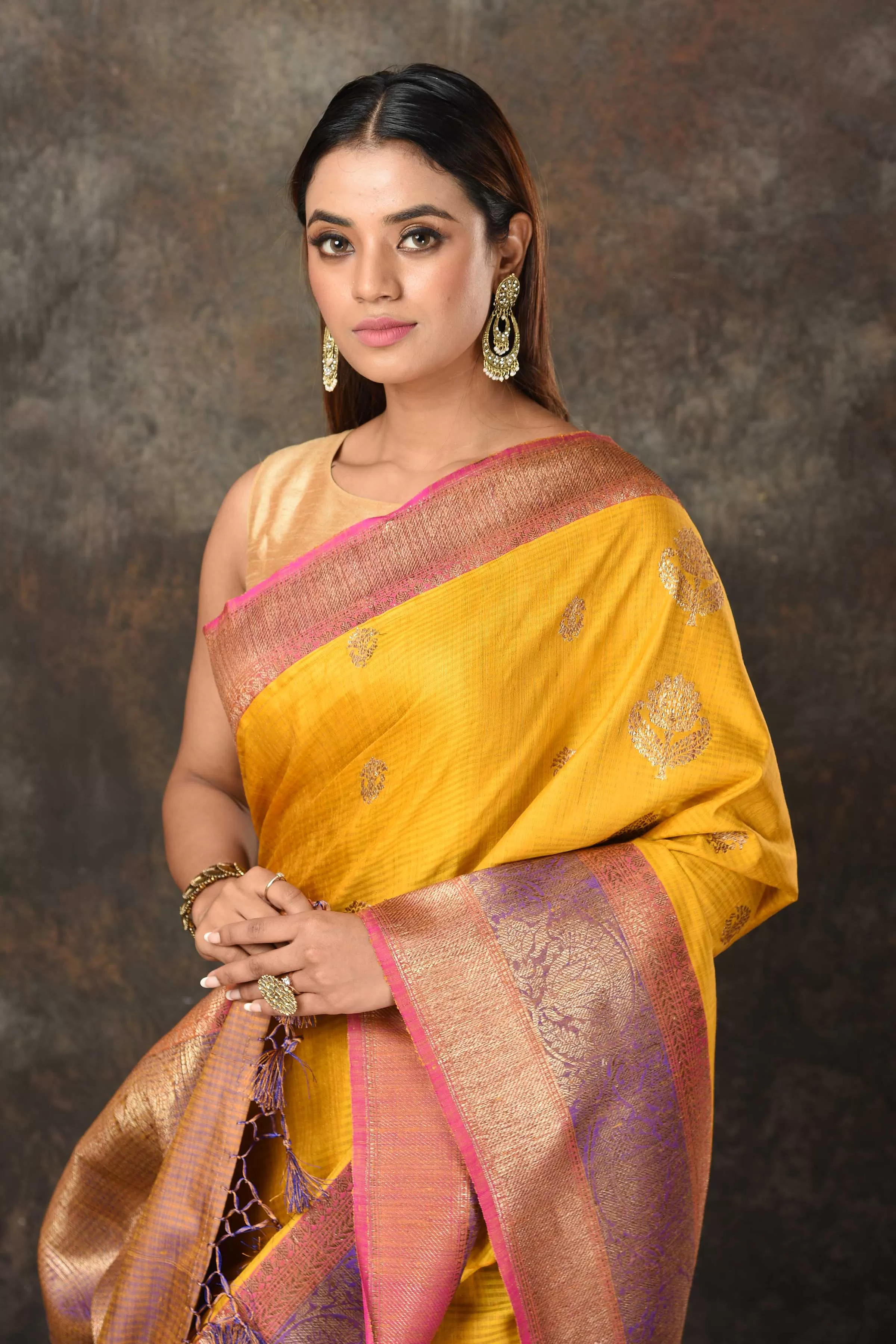 90N461-RO Mango Yellow Banarasi Saree with Pink Purple Zari Border