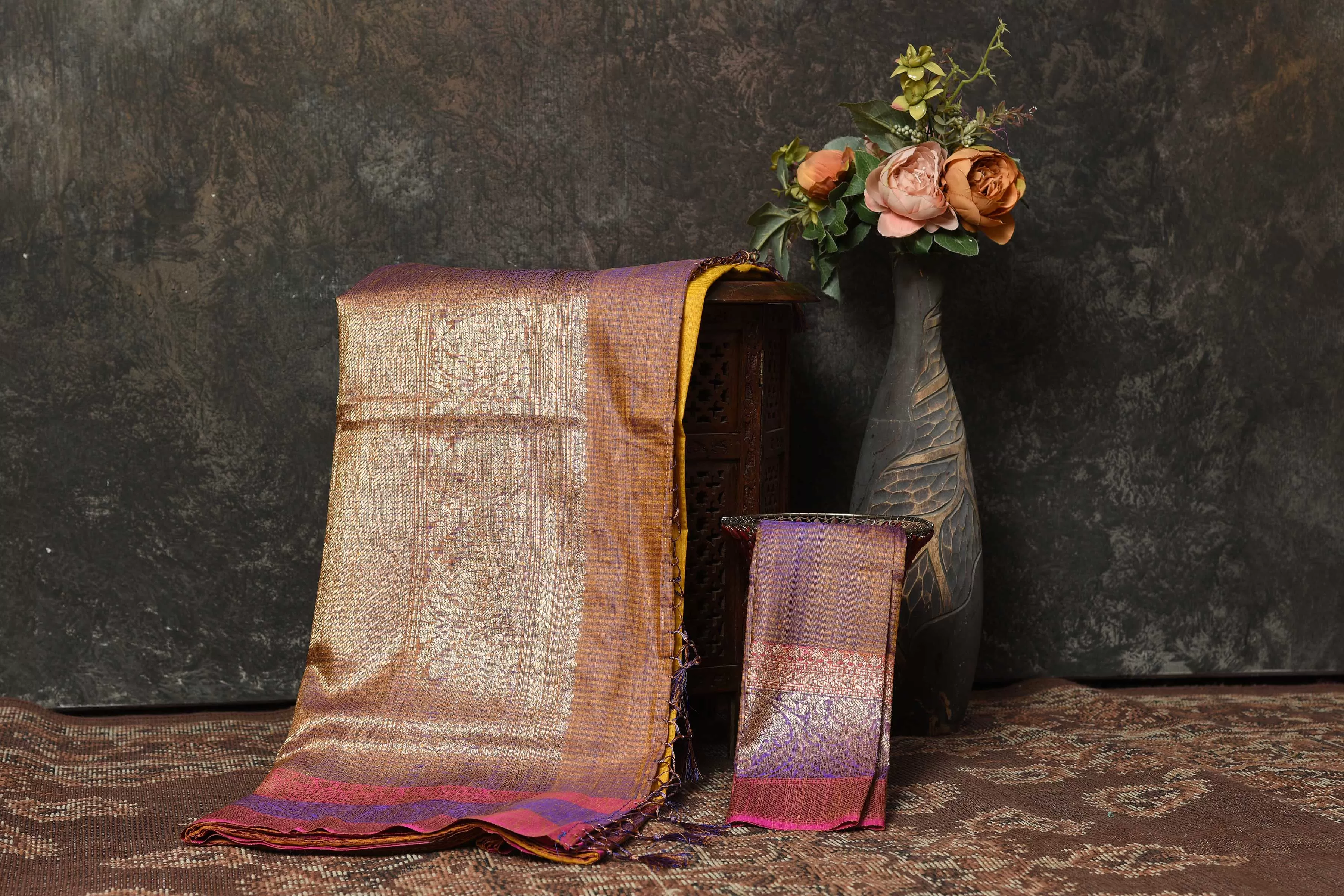 90N461-RO Mango Yellow Banarasi Saree with Pink Purple Zari Border