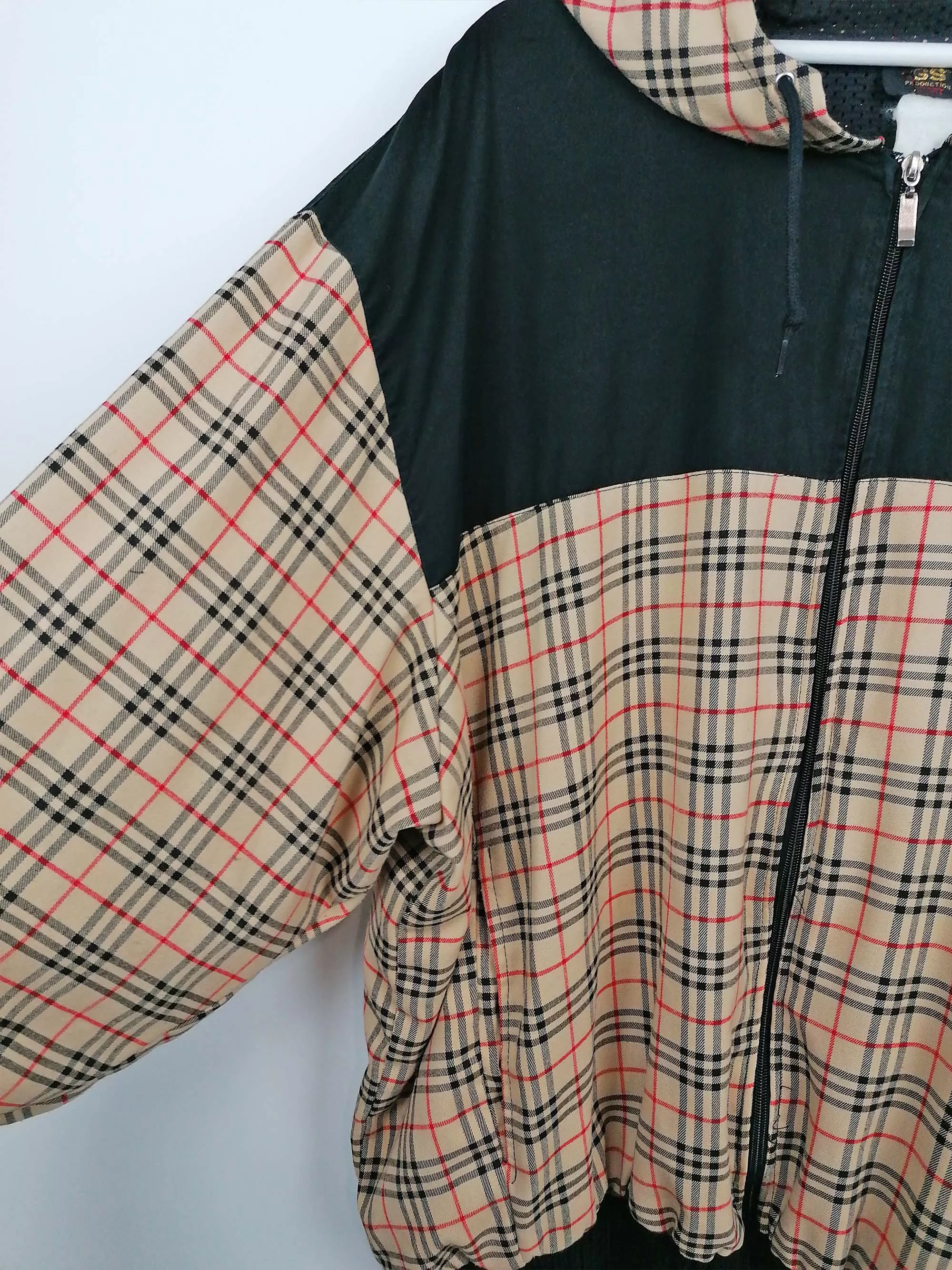 90's Y2K Plaid Check Oversized Lightweight Bomber Jacket with Hood - size XXL